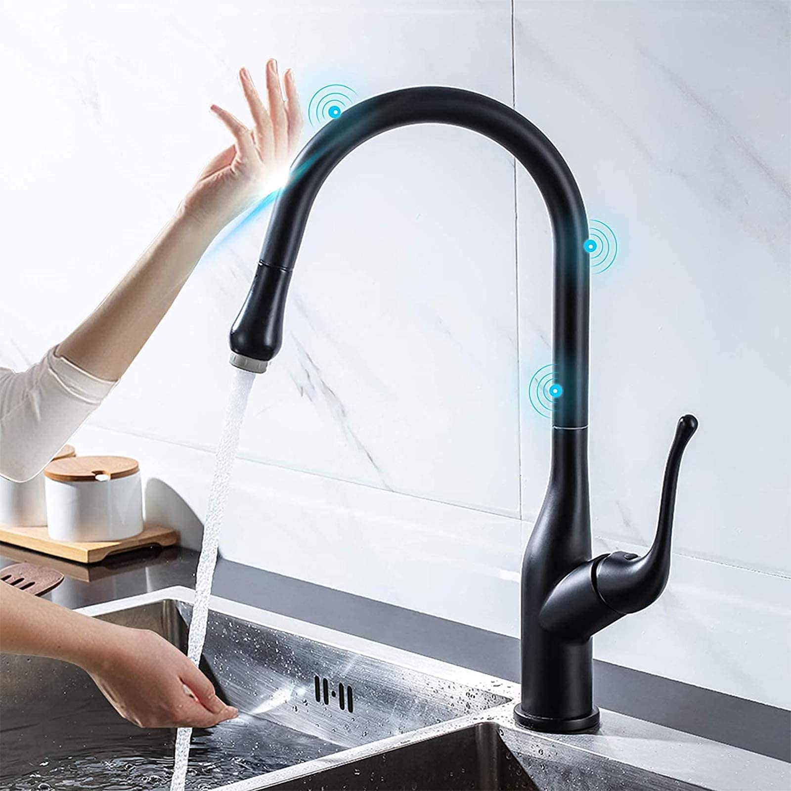 MXXQRHF Touch Kitchen Faucets with Pull Down Sprayer, Touch Activated Kitchen Sink Faucet, Single Handle Sensor Sink Faucets for Kitchen,Black (Black)