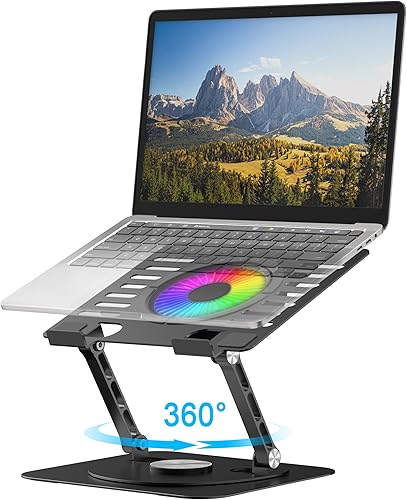 Soporte para laptop, con base giratoria de 360°, ventilador de enfriamiento externo, iluminación RGB ajustable, soporte ergonómico plegable para