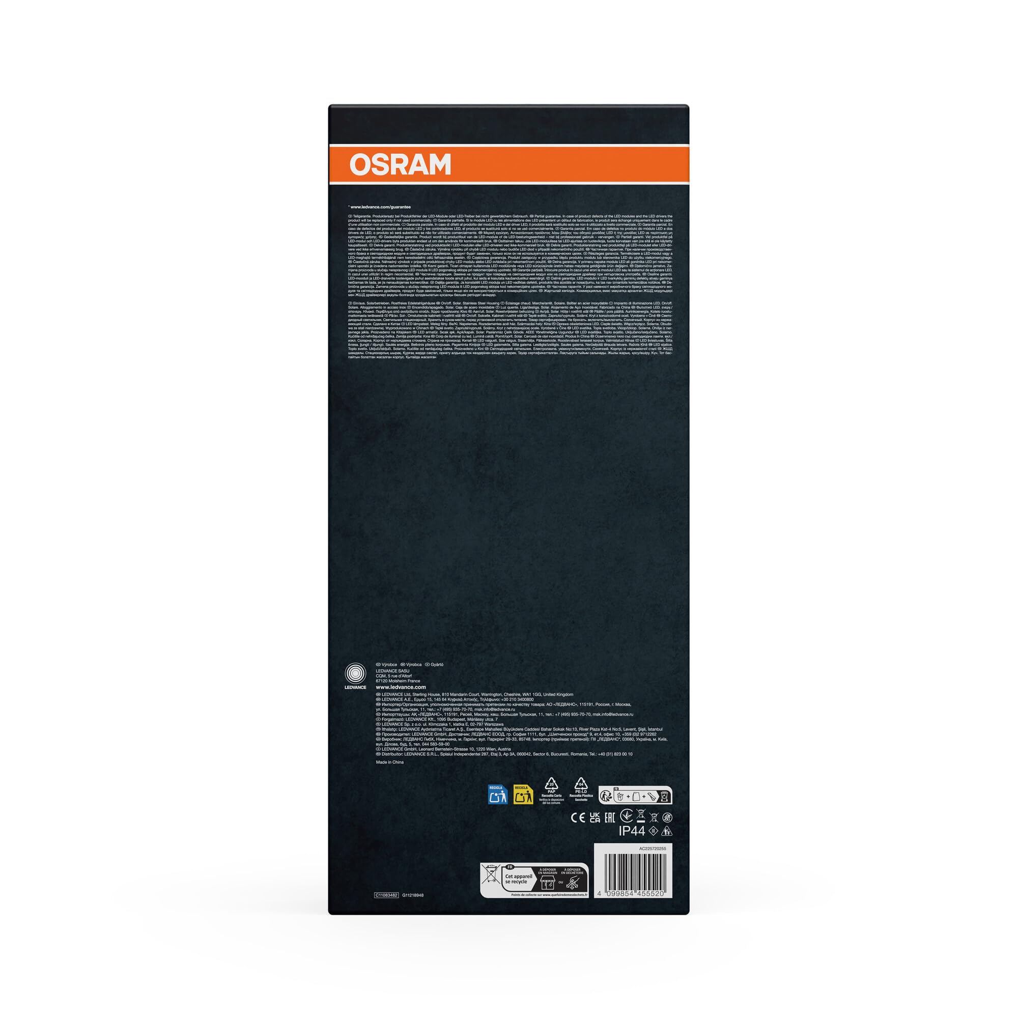 OSRAM Lámpara solar de exterior ENDURA Style, carcasa de acero inoxidable, color negro, IP44, con sensor de movimiento y luz diurna, alimentación solar, adecuada para entradas y terrazas