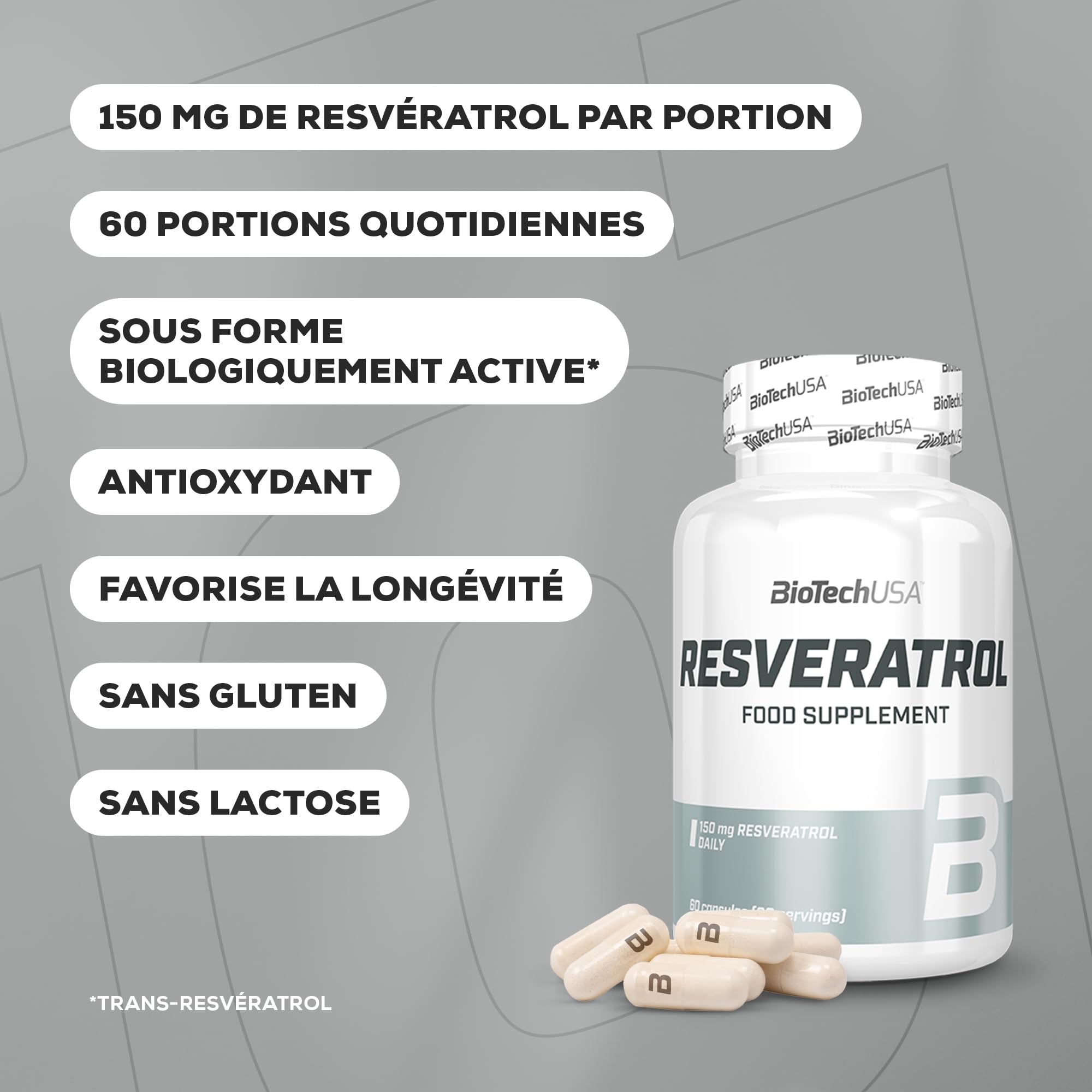 BioTechUSA Resveratrol | 150 mg par portion, trans-resvératrol | Antioxydant| Longevity | Sans gluten ni lactose, 60 gélules