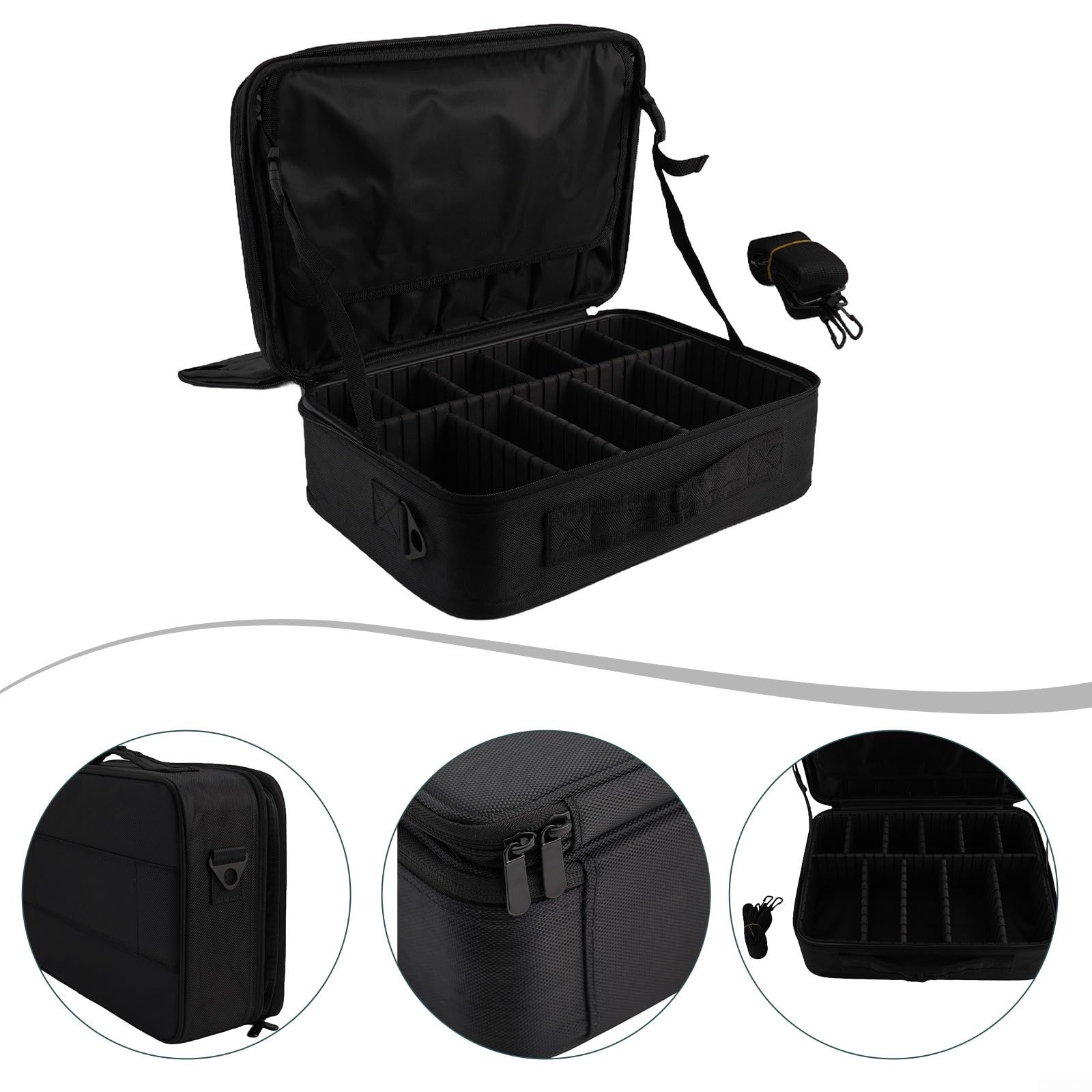 Angelrollenkoffer, klein und groß, Angelrollen-Organizer, verstellbare Trennwände, gepolstertes Futter, stoßfestes Innenteiler-Design, robust und wasserabweisend, 1860D Oxford-Stoff, Schwarz (L)