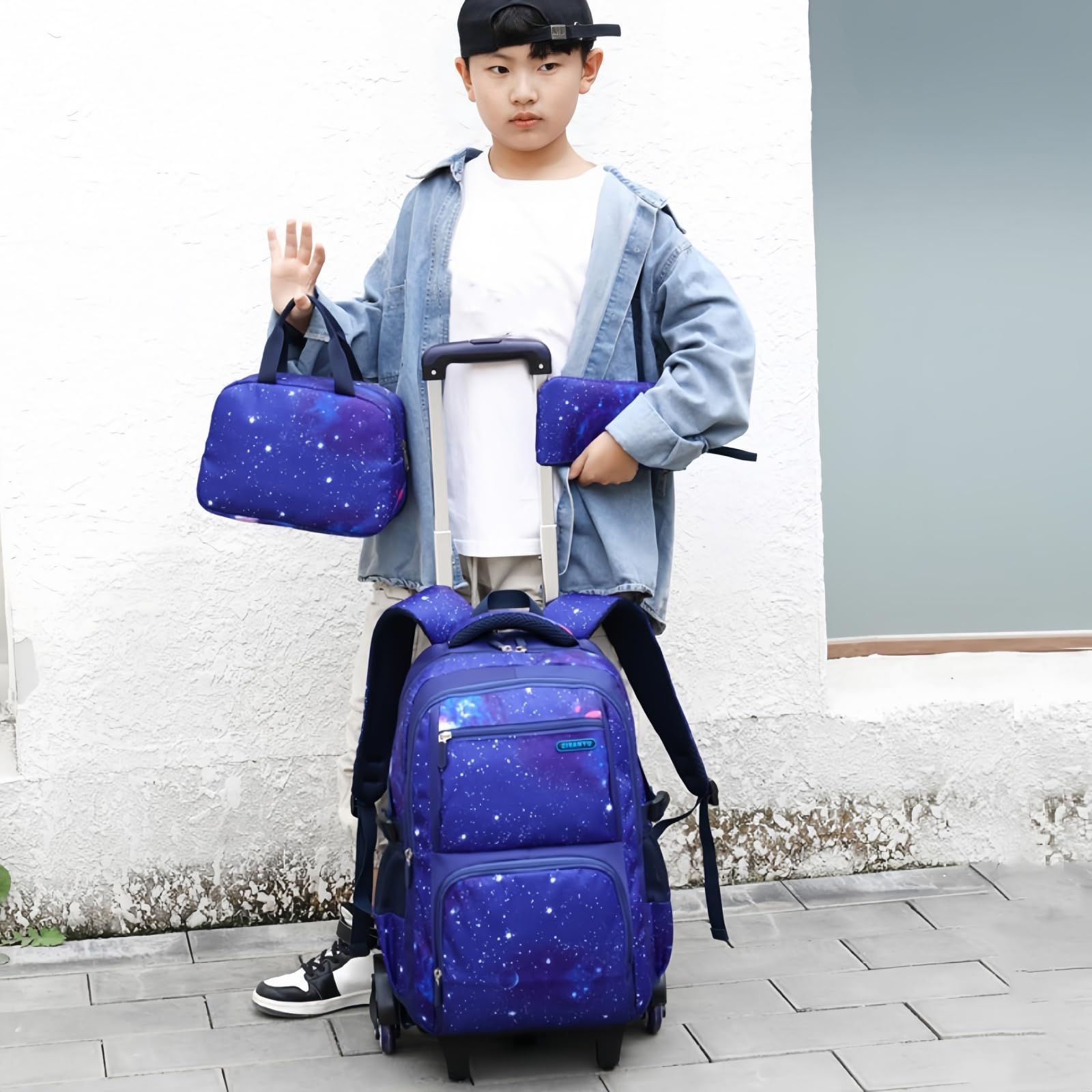 Jungen Schultaschen mit Rollen, Grundschule Trolley Rucksäcke mit Lunch Tasche Federmäppchen 3-Teiliges Schultaschen-Sets für Kinder