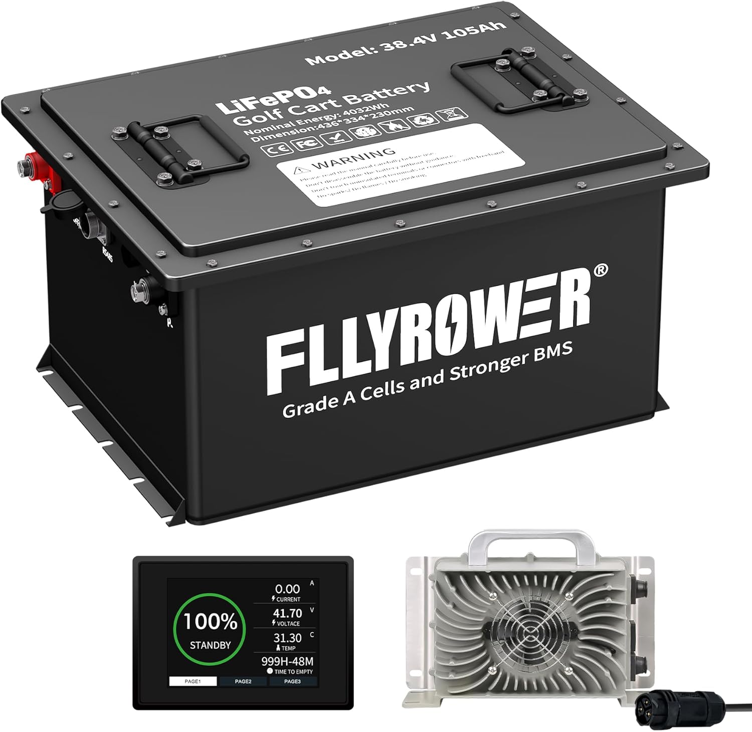 FLLYROWER 48V 100AH Lifepo4 Battery with Smart 200A BMS 10-Year Lifespan for Trolling Motor RV Camping Golf Cart Solar Include a Monitor