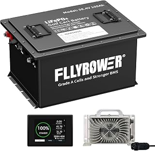 FLLYROWER Golf Cart Lithium Battery 36V 105AH with 16500 Deep Cycles and BMS Lifepo4 Battery 36V Grade A Cells Include 20A Charger and Monitor for Golf Cart