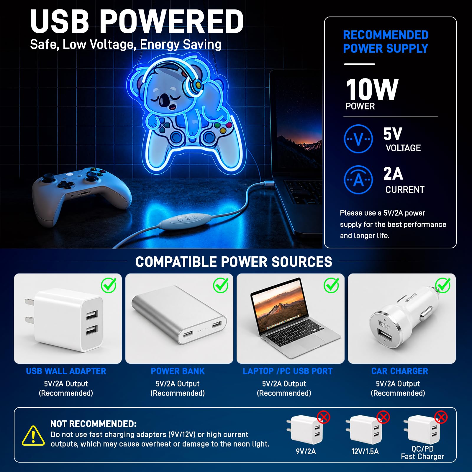 Koala Gaming Neon Sign, lampada da parete a LED con controller di gioco, luce al neon dimmerabile alimentata tramite USB 5V/2A per giocatori, stanze dei bambini, sale giochi e bar di casa