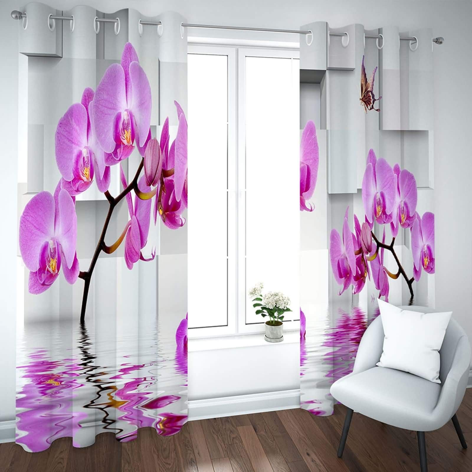 Zasłony zaciemniające, nieprzejrzyste, zestaw 2 sztuk, orchidea, zasłony z oczkami, poliester 214 x 214 cm