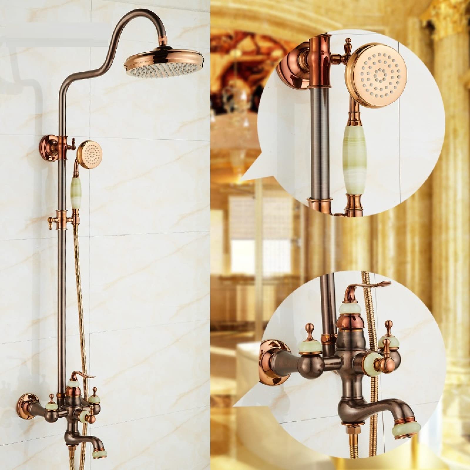 OZBMA American Style Natural Jade Shower Set Rose Gold Brown Bronze European Full Copper Antique Hot and Cold Water Faucet, Color