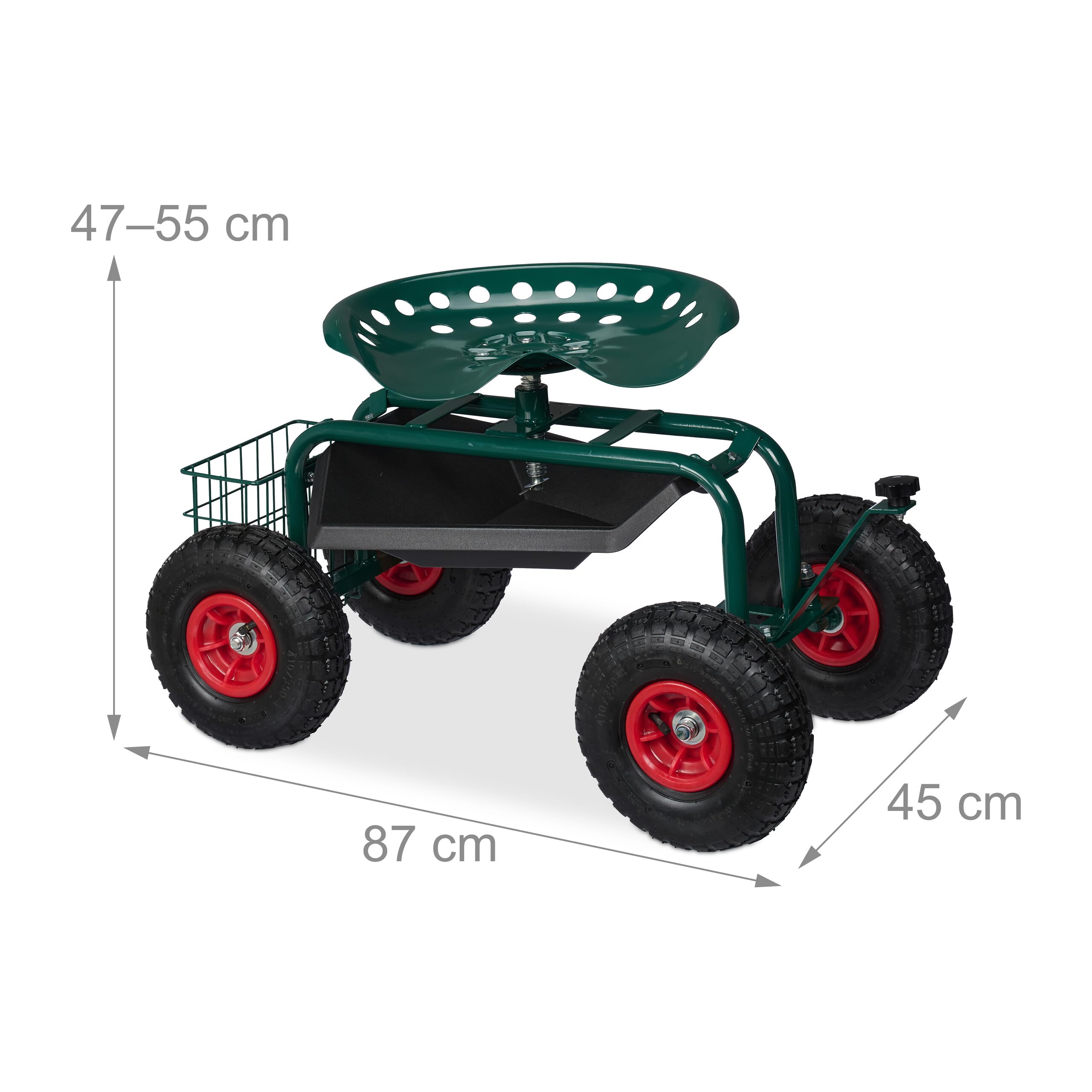 Relaxdays Sgabello Giardinaggio con Ruote, Carrello Portautensili Giardino e Officina, Regolabile, 150kg, Acciaio, Verde, 55 x 45 x 87 cm