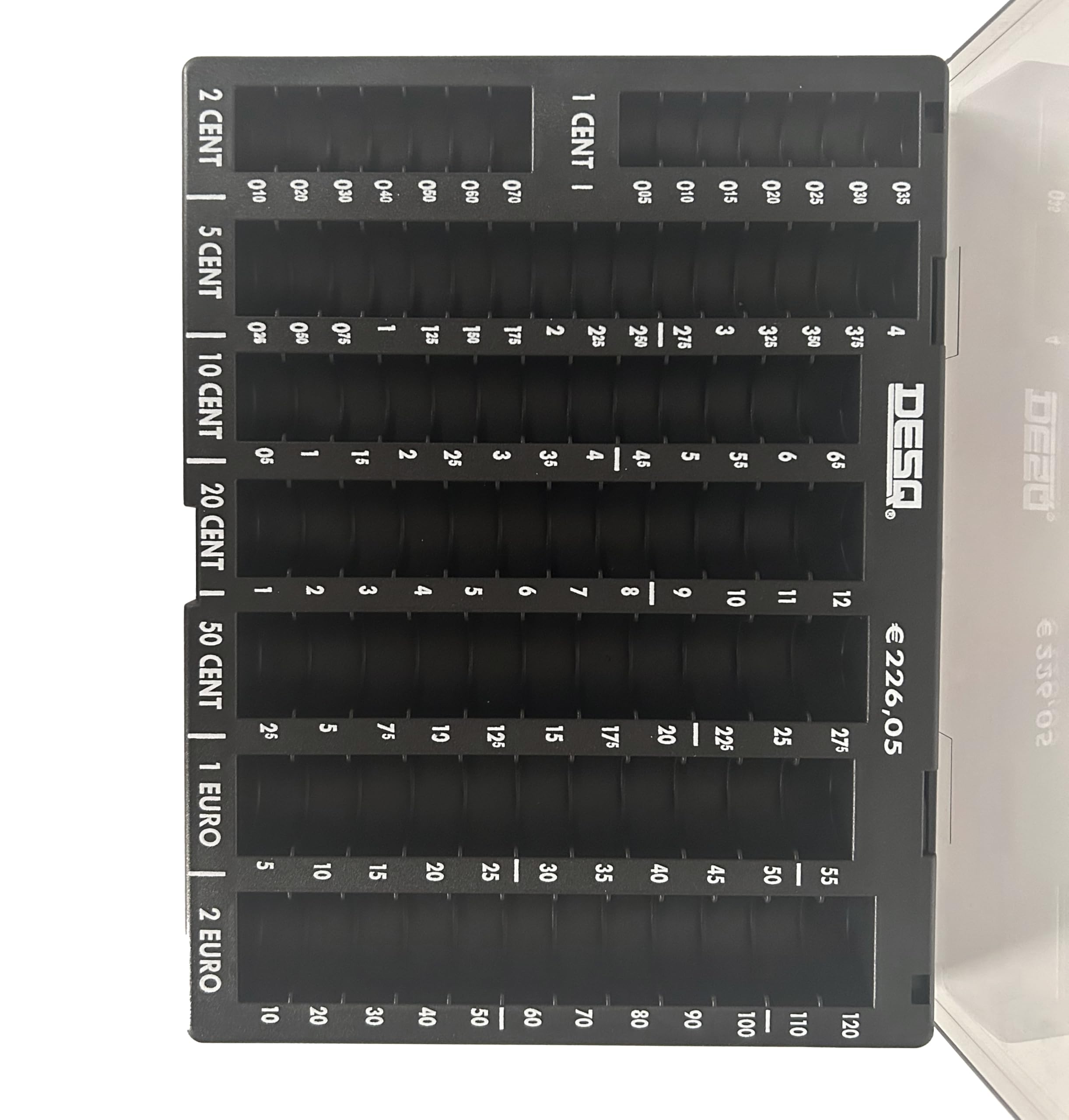 DESQ® Unité de tri de monnaie avec couvercle, adaptée pour les pièces en centimes et en euros, 8 compartiments, capacité de pièces de 226,05 €