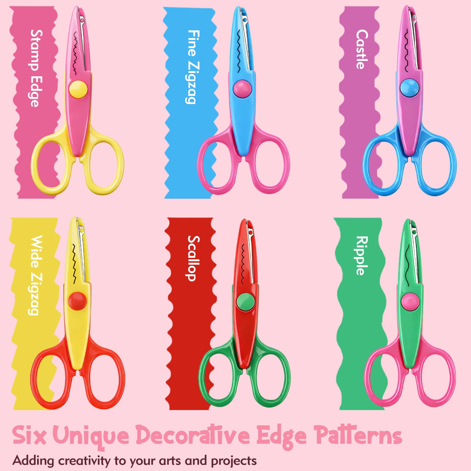 6pcs craft scissors, craft scissors decorative edge for Scrapebook＆School, fancy scissors with Stamp Edge, Fine Zigzag, Castle, Wide Zigzag, Scallop, Ripple - 4