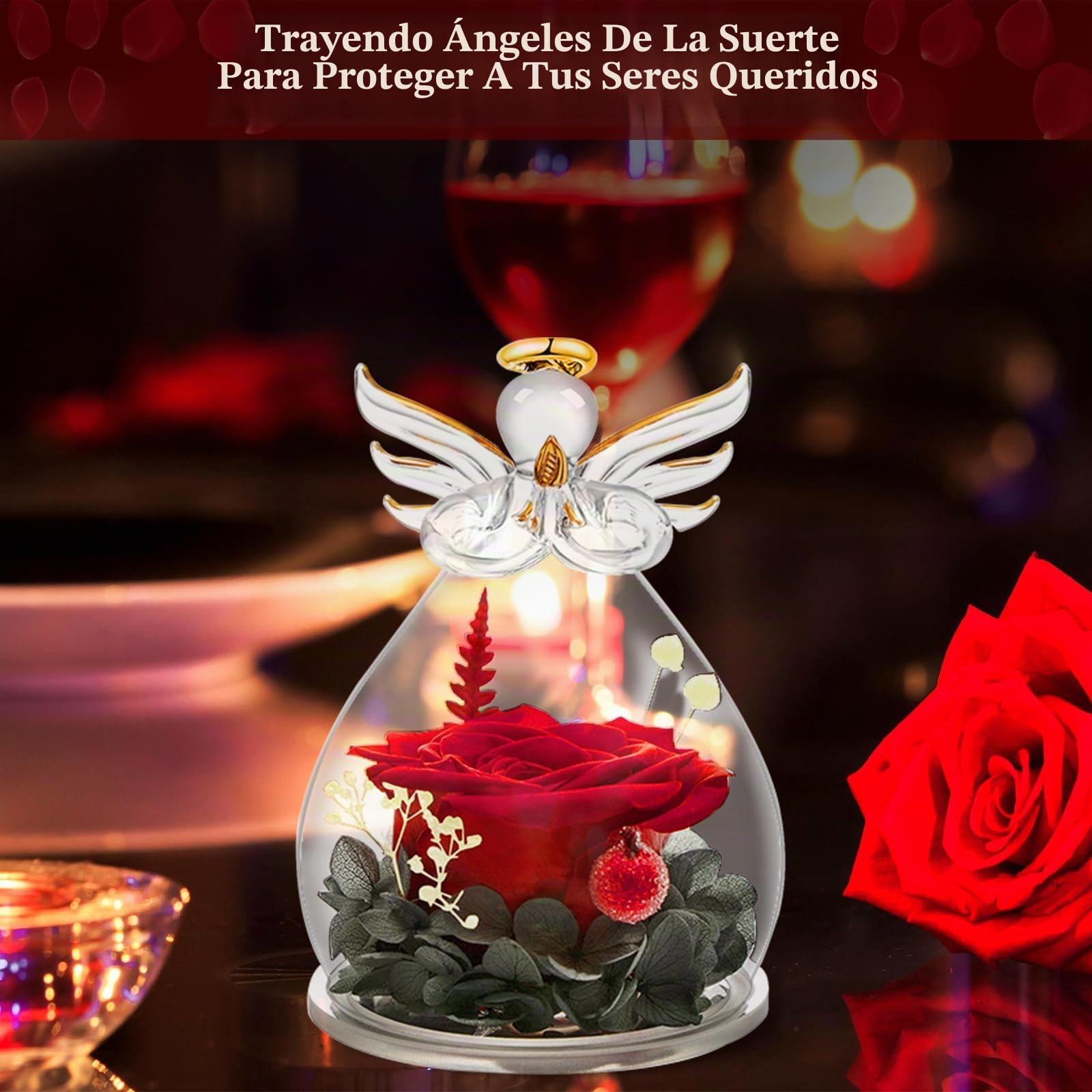 Rosa Eterna,Rosas Eternas en Vidrio,Rosa Eterna en Vidrio Angel Figurines,Rosa Preservadas,Flores Eternas con Figura de Ángel,Regalos Cumpleaños,Regalo Dia de la Madre,Regalos Cumpleaños