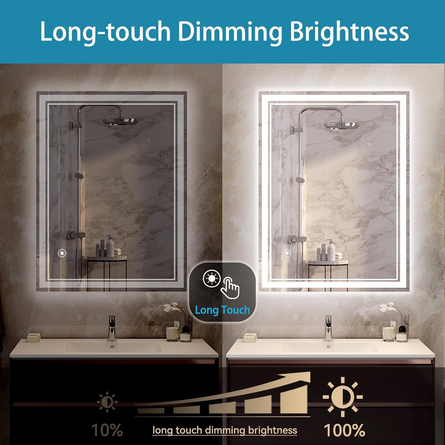 Specchio da bagno a LED con illuminazione, 90 x 70 cm, 3 colori chiari/dimmerabile