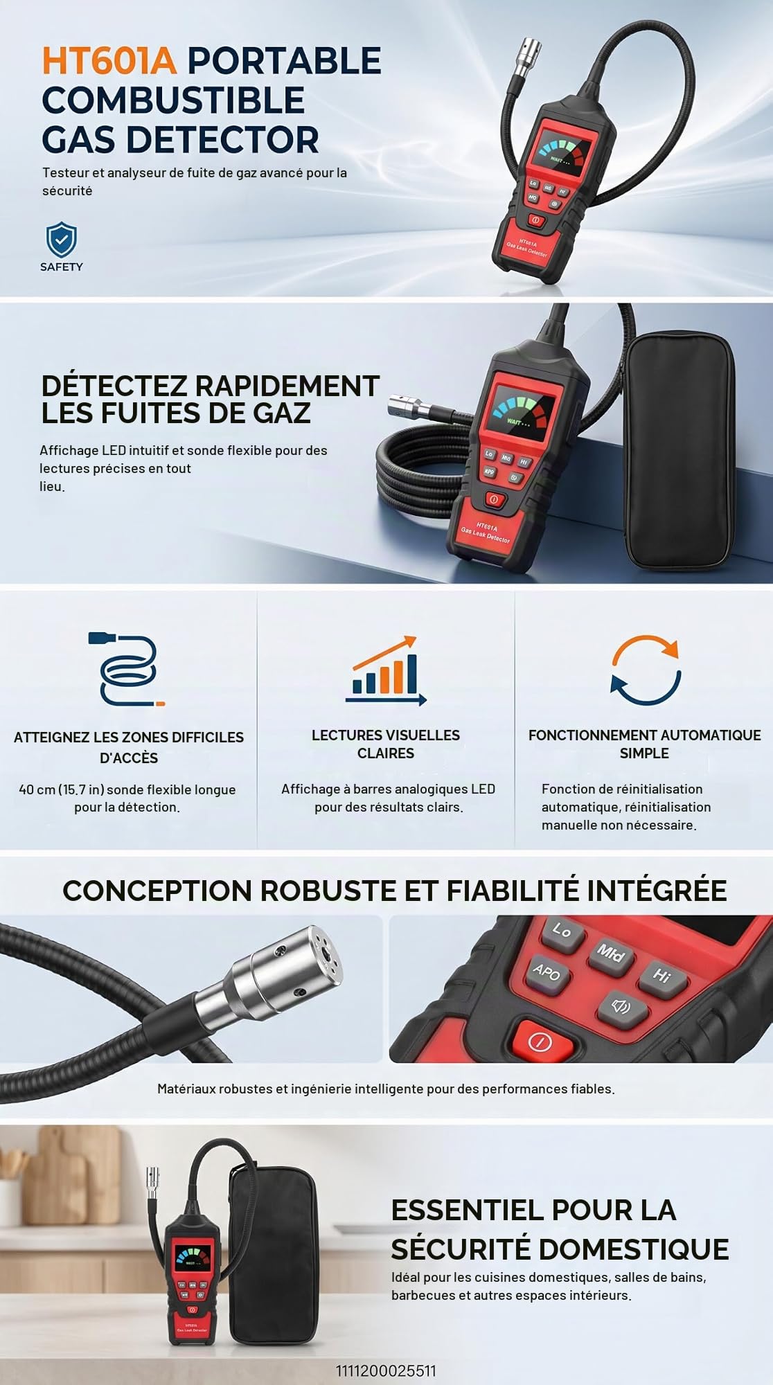 Pièces Détecteur de Gaz Naturel Analyseur de Fuite de Gaz Combustion HT601A Portable LED Testeur de Gaz