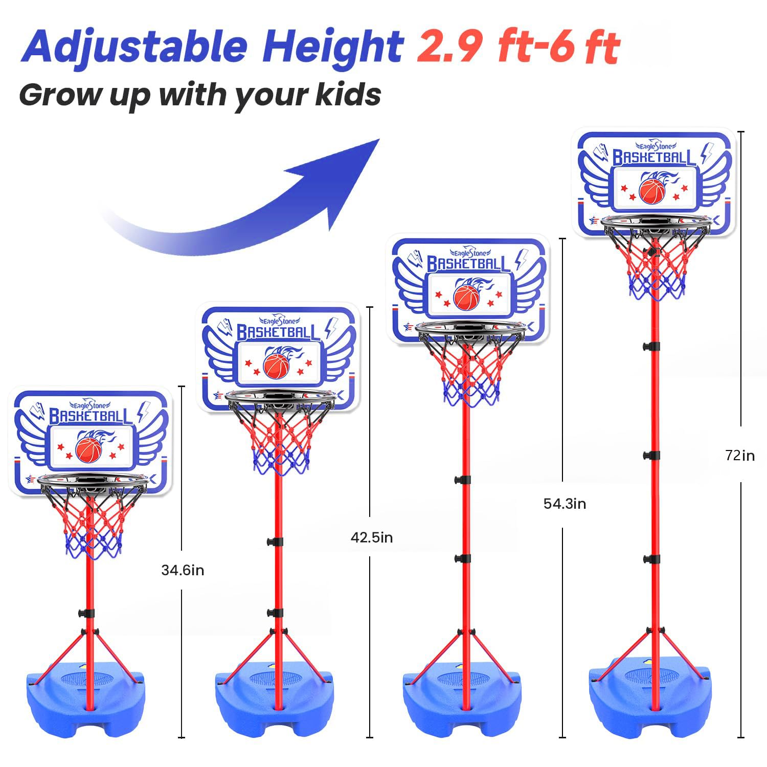Eaglestone Kids Basketball Hoop, Adjustable 2.9ft6.2ft Toddler