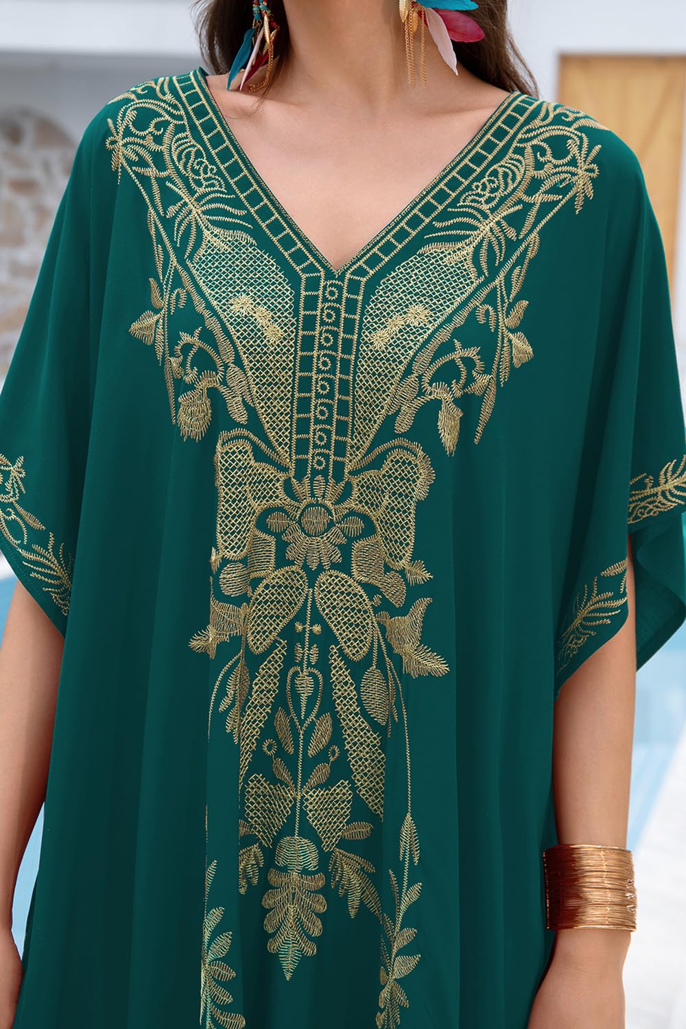 LikeJump Damskie stroje kąpielowe z haftem kwiatowym w stylu boho, kaftan, okrycie bikini, letnia sukienka plażowa