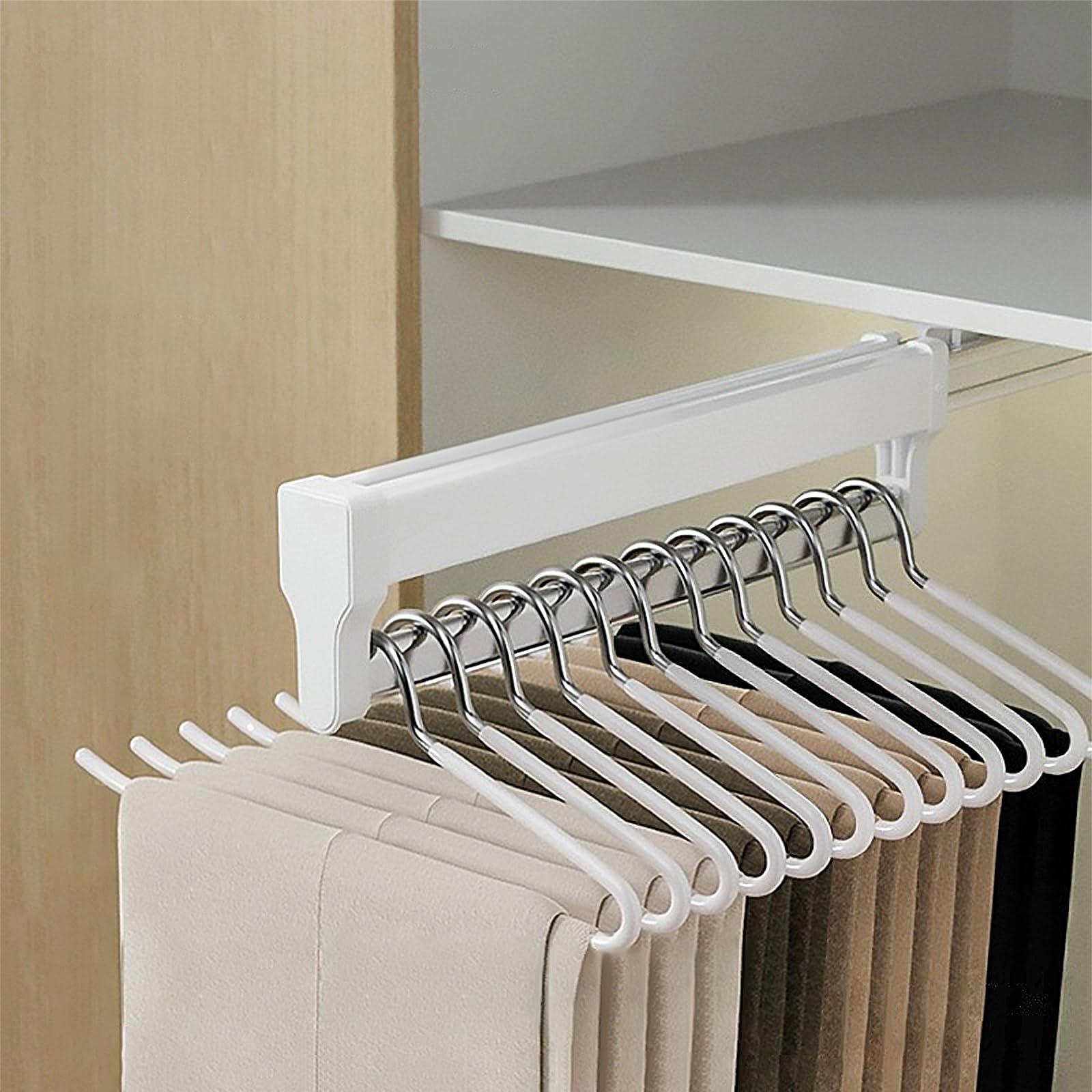 Pantalonero Extraible Barra de Ropa Extensible, Soporte de Pantalones multifunción para guardarropa, saca el Armario del riel de la Ropa, el Rango de Ropa de Armario Empuje (Blanco, 292mm)