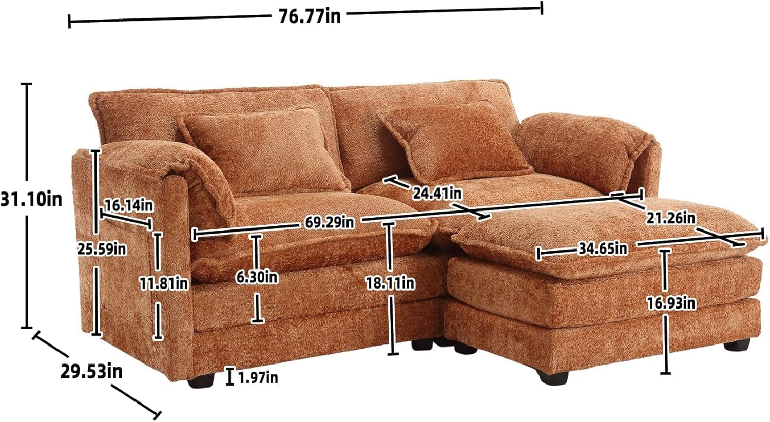 ZEIINPA L Shaped Sectional Sofa Cloud Couch for Living Room, 77" Chenille Comfy Boucle Modular loveseat Sofa, Modern Upholstery Sofas with Ottoman, Orange