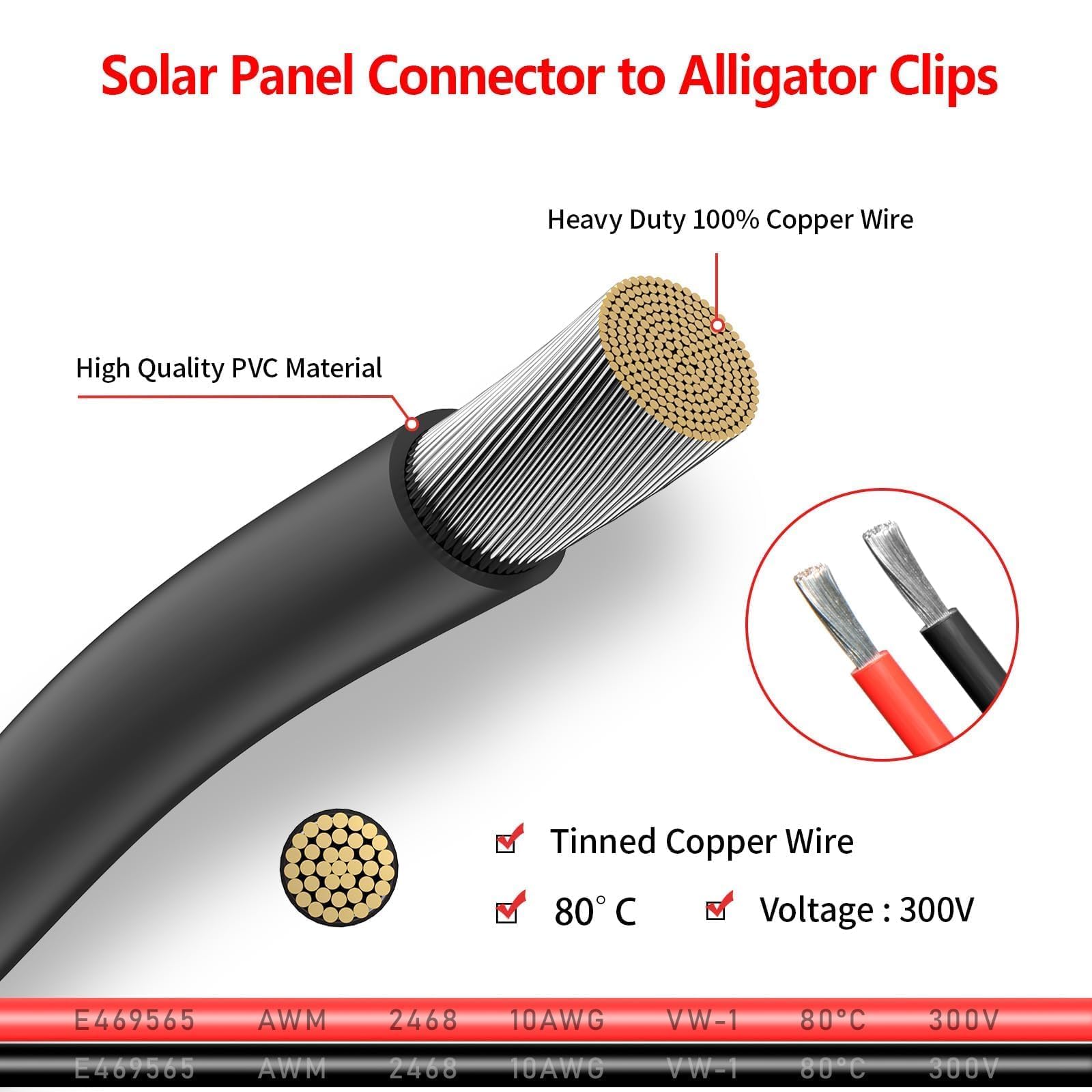 ELFCULB Câble solaire à pinces crocodiles - Connecteur de panneau solaire 10 AWG vers pinces crocodiles - Câble de charge pour voitures et motos - Installations solaires extérieures (1,8 m)