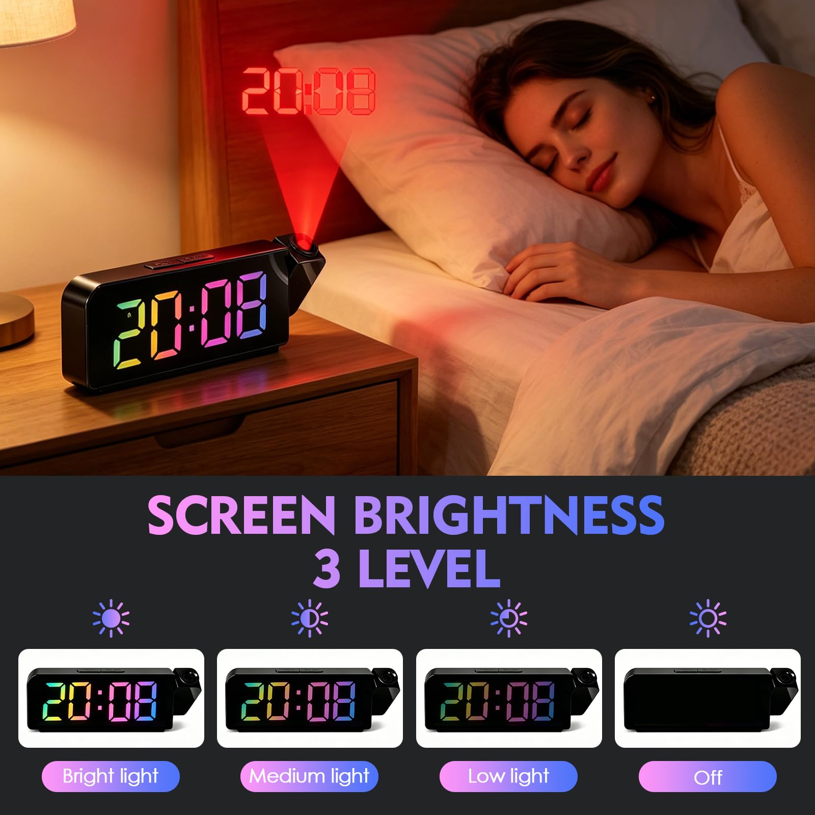 Reloj Despertador Digital con Proyector 180° RGB, 7" Pantalla LED, Temperatura y Fecha, USB Carga, Brillo Ajustable 12/24H