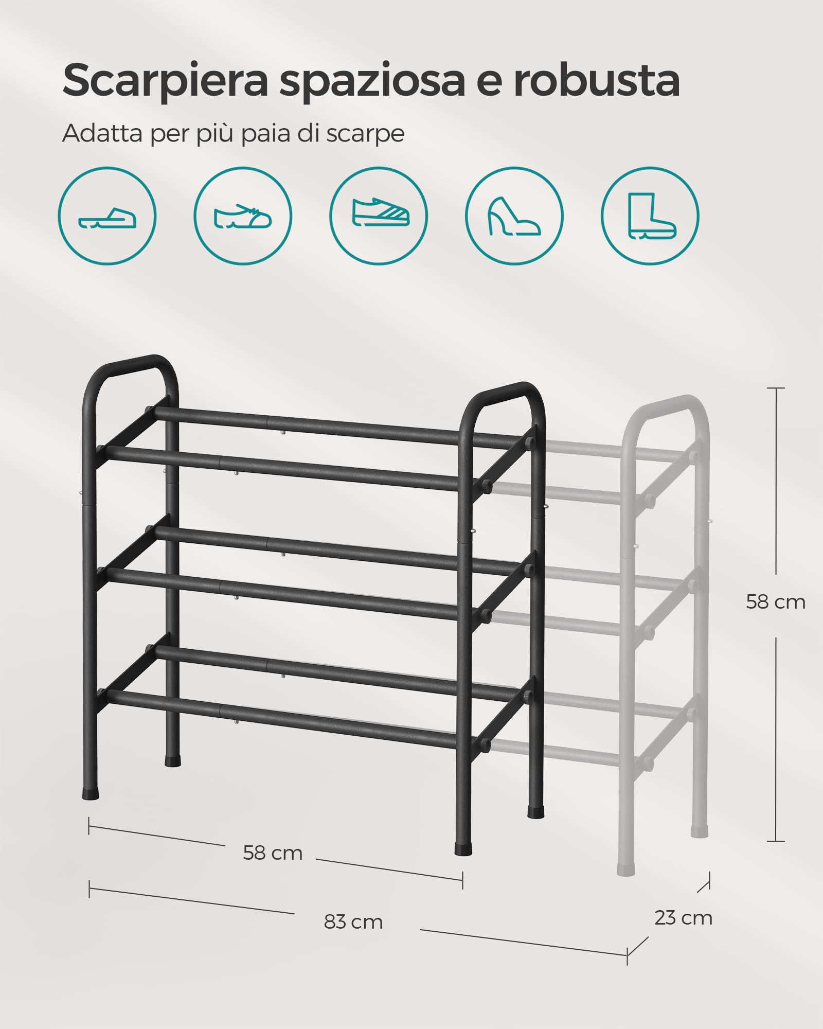 Scarpiera SONGMICS 3 Ripiani Regolabili - Scaffale Metallico Con Ganci Per 12 Paia Scarpe, Nero