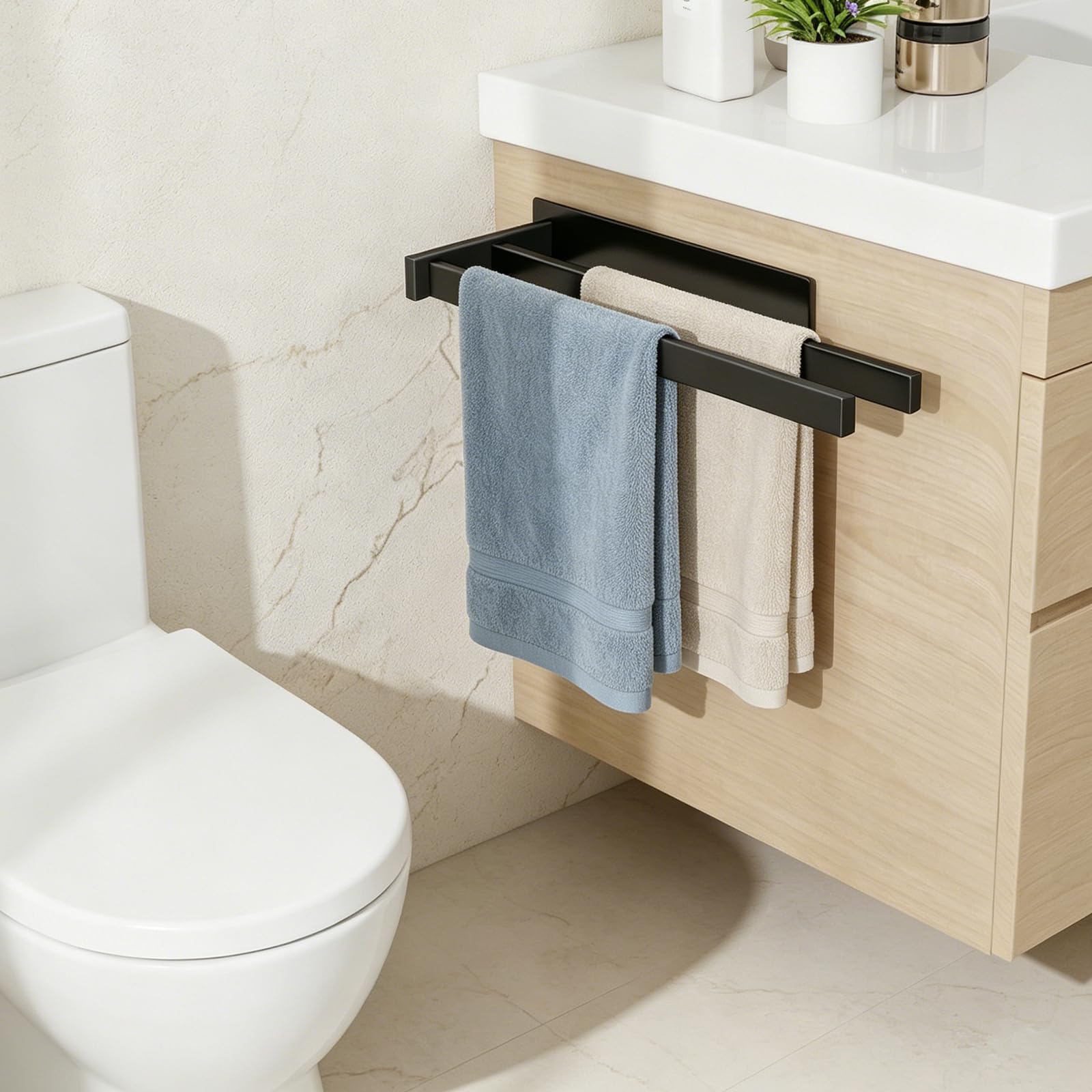 Feligio Toalleros de Baño Sin Taladro Negro 36 cm - Toallero Adhesivo Baño Acero Inoxidable Doble Barra - Fácil Instalación para Cocina y Baño