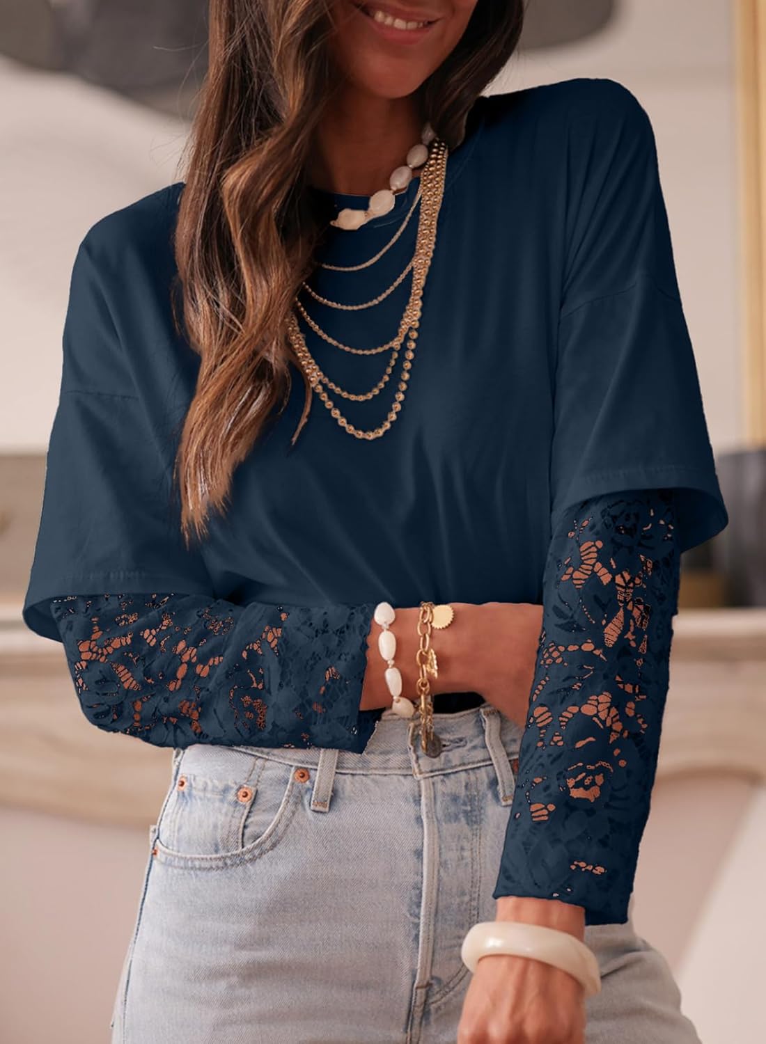 Acelitt Womens Mesh Long Sleeve Tops Crewneck Lace Blouse Shirts,S-XXL - Image 4