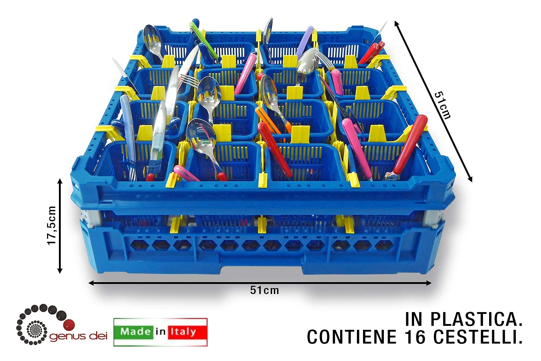 Genus Des SRL - Cesta apilable para el Lavado de 16 cestas, para Cubiertos, 51 x 51 x 17,5 cm