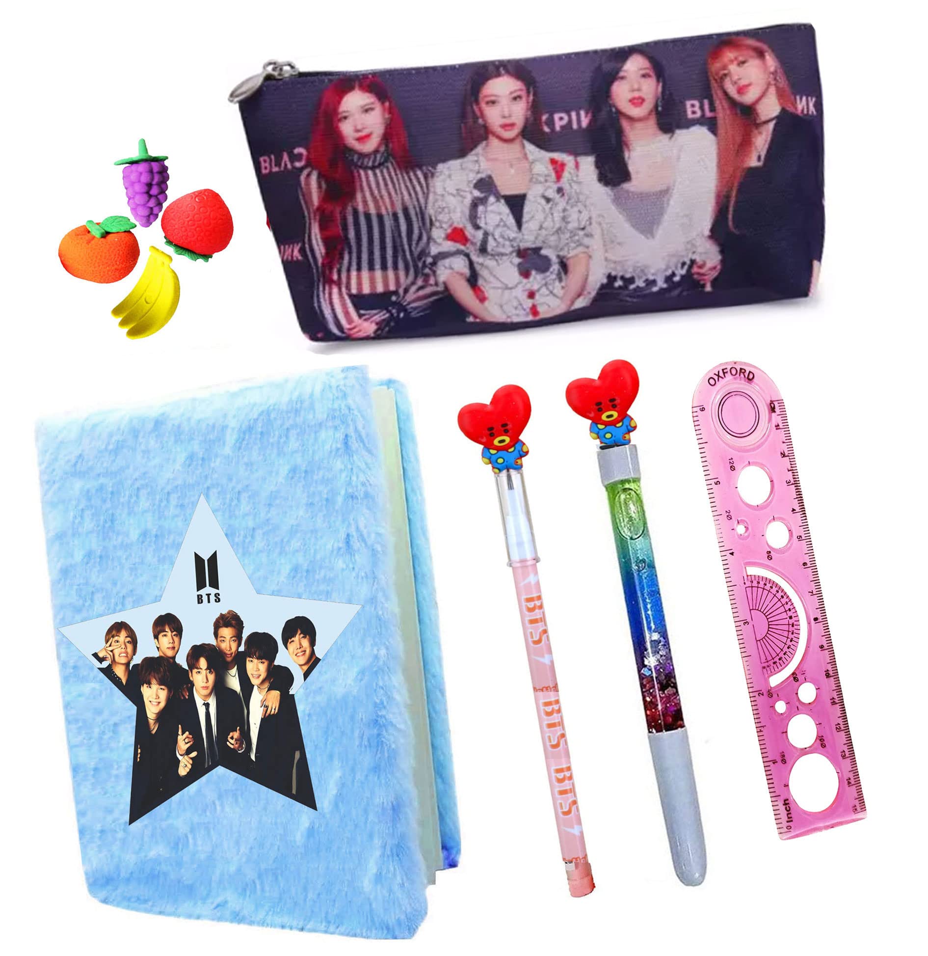 Neel® 9 Pcs BTS Team School Stationery Set for Kids 1pcs BTS Fur Diary Fur Notebook, 1 BTS Pencil Case Pencil Pouch, 1 Water Pen, 1 Pencil, 4 Eraser & 1 Scale Retur Gift Set for Kids (Black, Red)