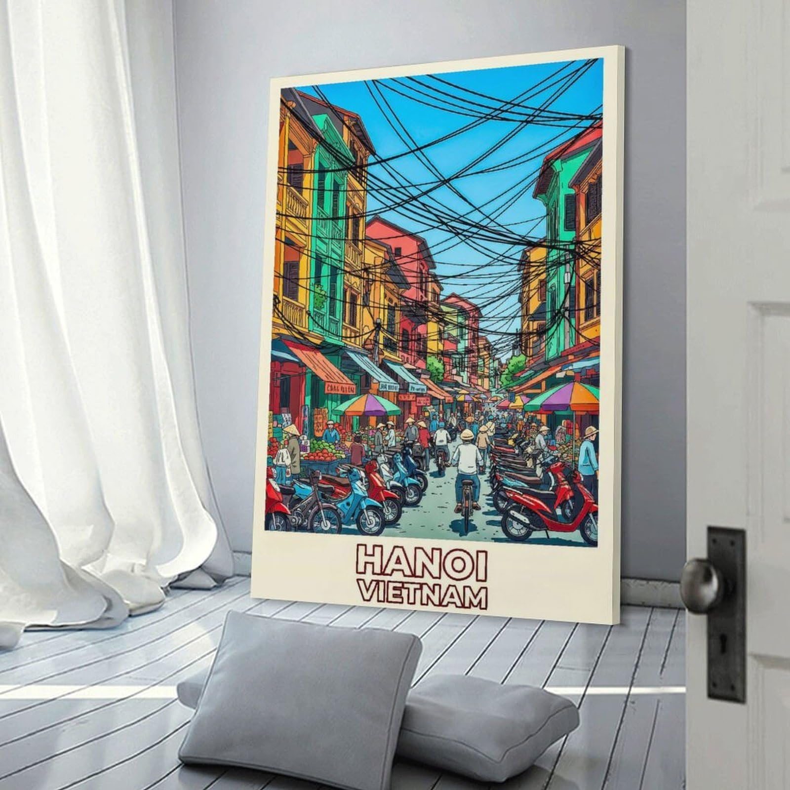 Junmoney Hanoi Street Scene with Motorbikes Wall Decor Canvas Print, 20x30inch(50x75cm), for Home Lounge, Bedroom Or Reading Nook, Decorative Artwork for Empty Walls