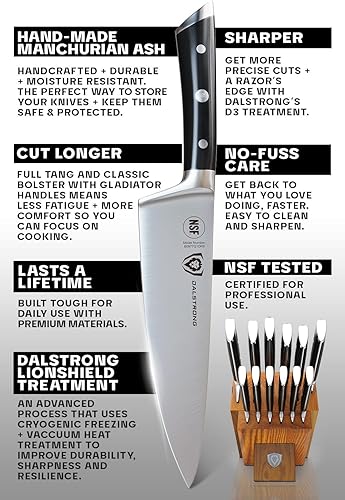 Miniatura 6 de DALSTRONG Juego de cuchillos de 12 piezas, serie Gladiator Elite, asas negras, acero alemán HC, bloque de madera de fresno de Manchuria hecho a