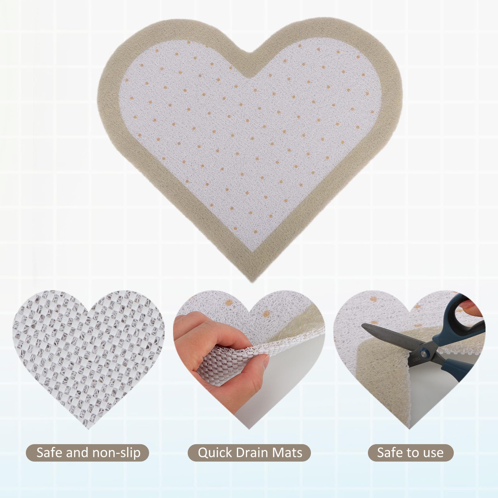 Tappetino Doccia Angolo Antiscivolo Antimuffa, 60x60 cm Tappetini Doccia a Forma di Cuore per Doccia Interno, Tappetini Bagno in PVC Asciugatura Rapida, Khaki + Bianco