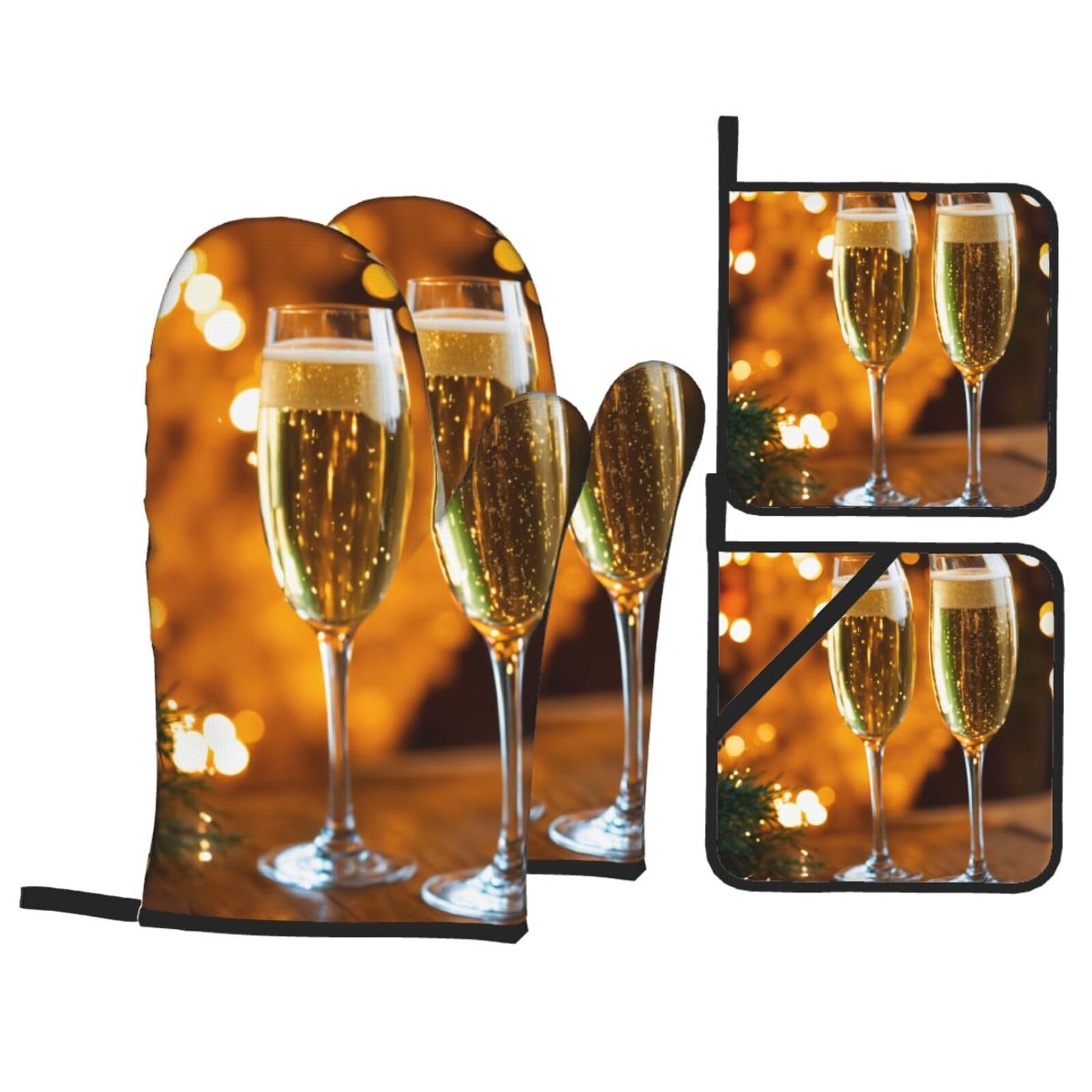 Wine Cup Print 4-Piece Oven Microwaving Set Waterproof Kitchen Gloves for Baking Grilling Cooking