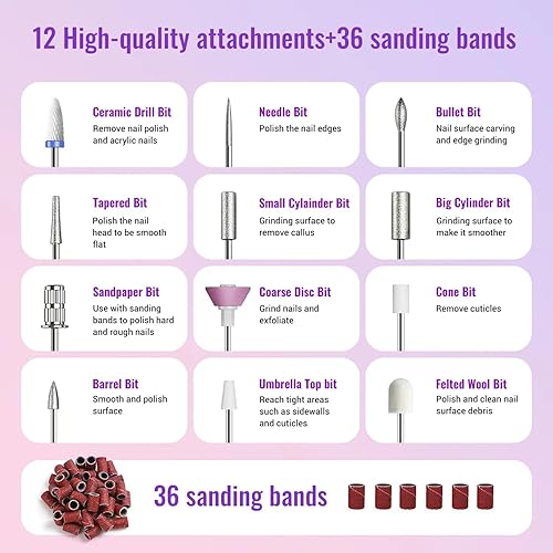 Miniatura 6 de Taladro de uñas eléctrico inalámbrico, lima de uñas eléctrica para removedor de uñas de gel acrílico, kit profesional de taladro de uñas 12 en 1,