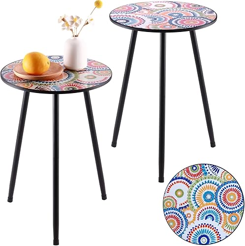 Miniatura 18 de Juego de dos mesas auxiliares de metal para exteriores, mesas auxiliares redondas pequeñas para patio, mesa esquinera de jardín moderna para
