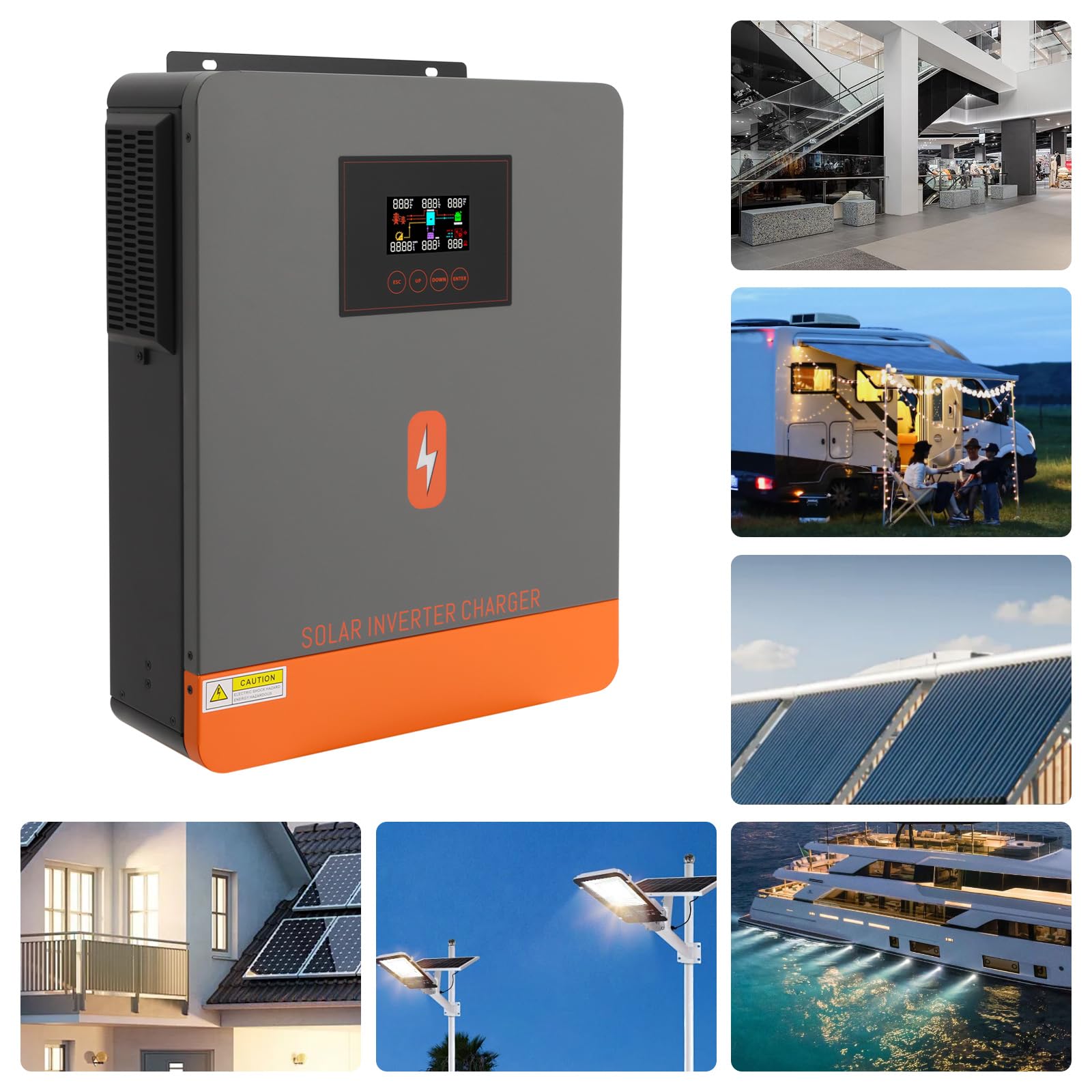 inversor hibrido 24v, CC 6200 W y CA 230 V, Todo en uno, Cargador híbrido, con batería de Litio de Plomo de 24 V y Pantalla LCD para casa, Autocaravana, camión