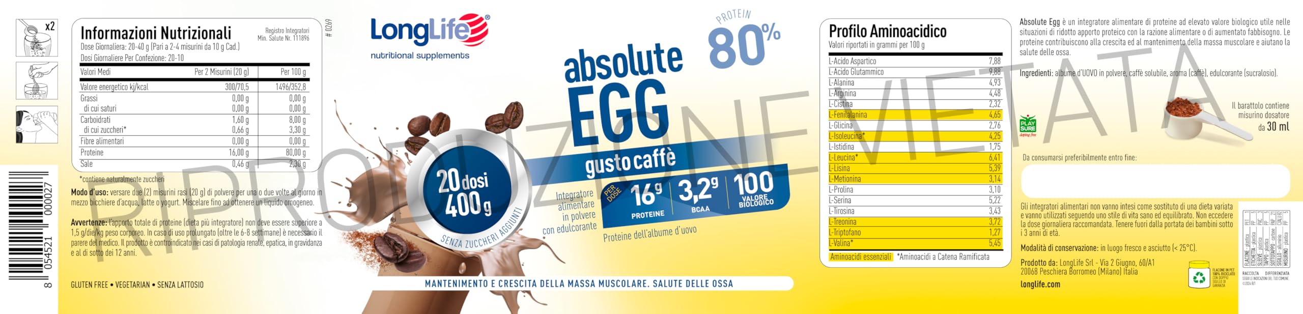 LongLife® Absolute Egg caffè | Proteine dell’albume d’uovo 80% | Crescita e mantenimento della massa muscolare | Benessere delle ossa | Polvere gusto caffè | 20 dosi | Vegetariano e senza glutine