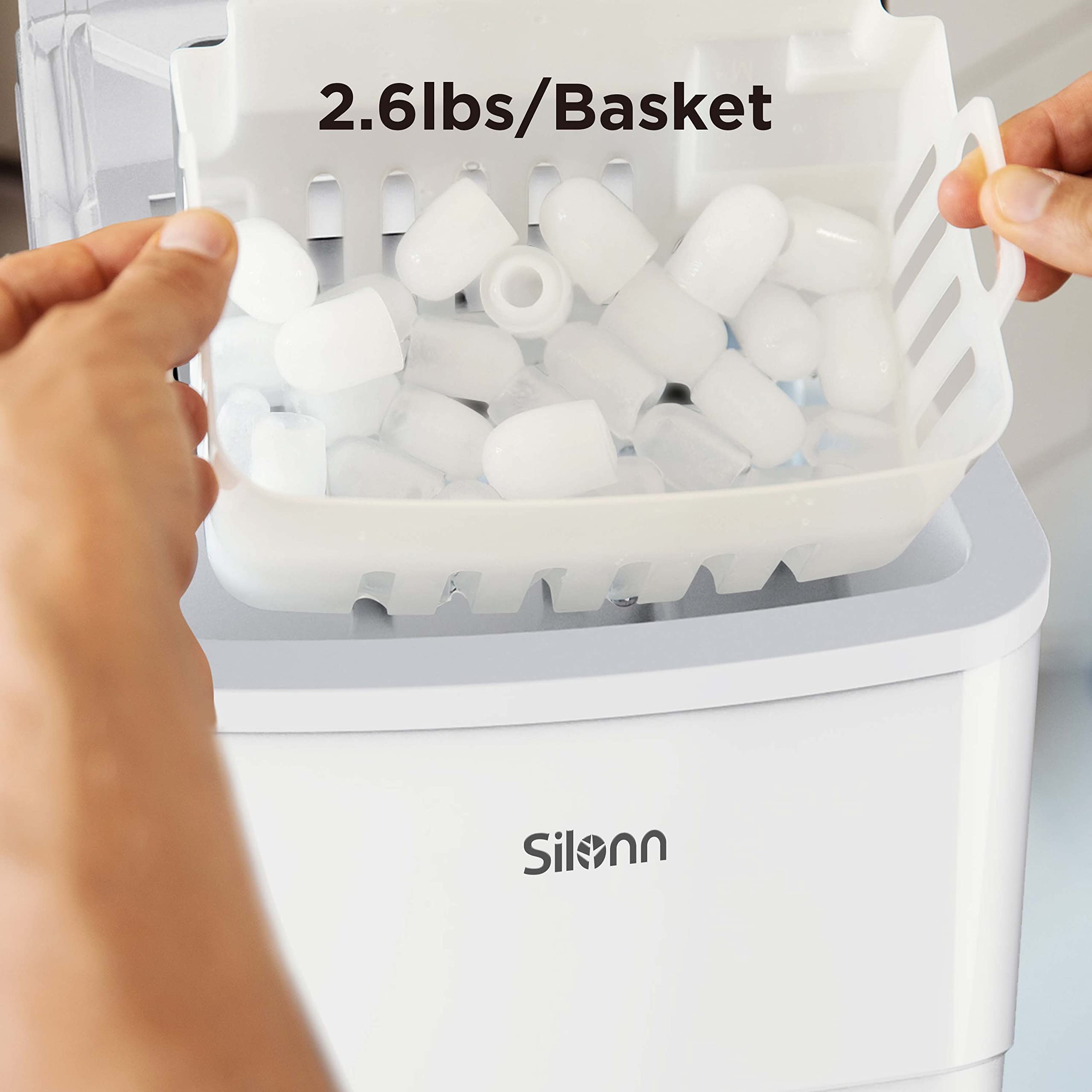Silonn Ice Makers Countertop, 9 Cubes Ready In 6 Mins, Self-Cleaning Ice Machine With Ice Scoop And Basket, 26lbs In 24hrs, 2 Sizes Of Bullet Ice For Home Kitchen Office Bar Party, White on Fridge.com - View 5