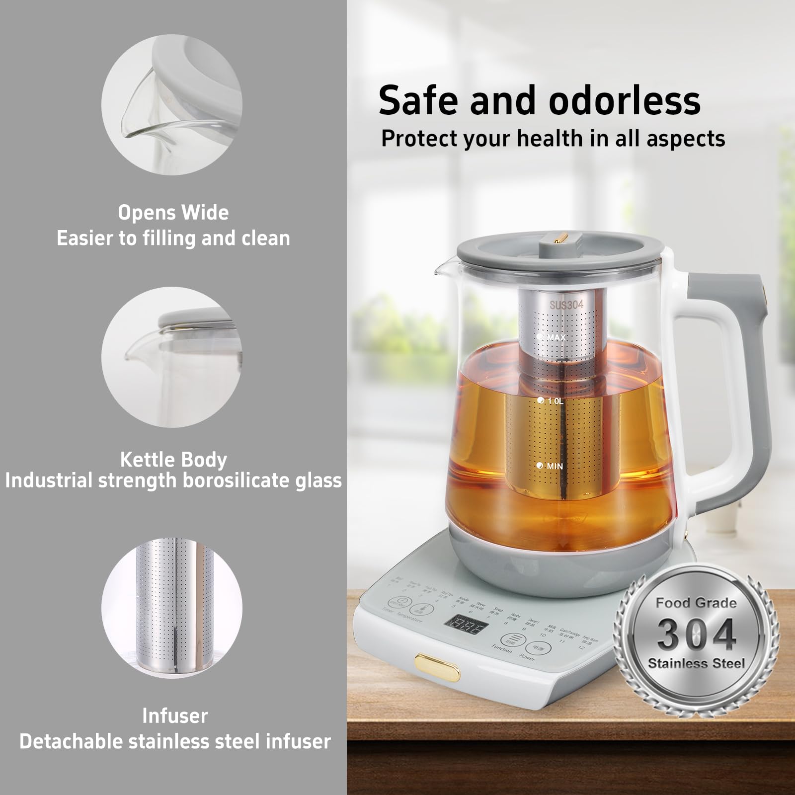 Olla de salud, oficina, hogar, hervidor eléctrico con infusor, control de temperatura, 12 procedimientos funcionales para frutas, té y café de flores, vidrio grande de 1.8 litros de capacidad, gris 5