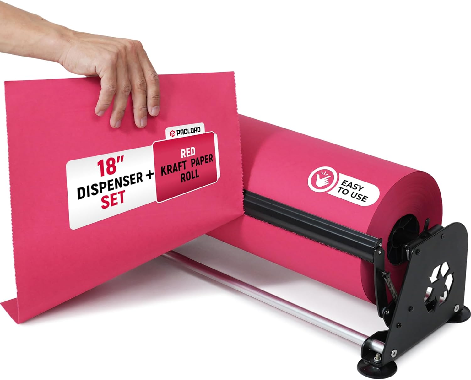 18" Paper Dispenser with Cutter + White Kraft Paper Roll – Heavy-Duty Steel Holder, Fits Rolls up to 10" Diameter, 18" x 720 ft USA-Made 45 lb Kraft Paper for Gift Wrapping, Crafts & Packaging