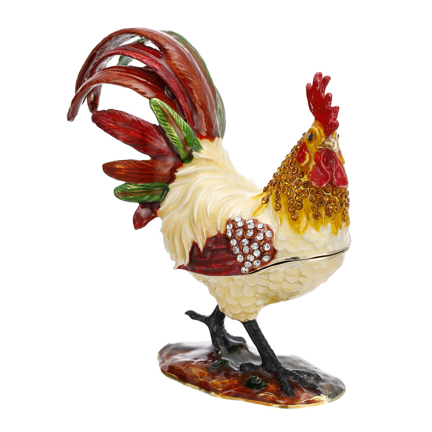 Azurt Lcx Red Rooster Hand Painted Enamel Rooster Trinket Box For Home Decor, Hinged Enamel Jewelry Organizer Storage, Unique Keepsake Collectible Figurine Personalized Elegant Ornament Gifts (Red Rooster)