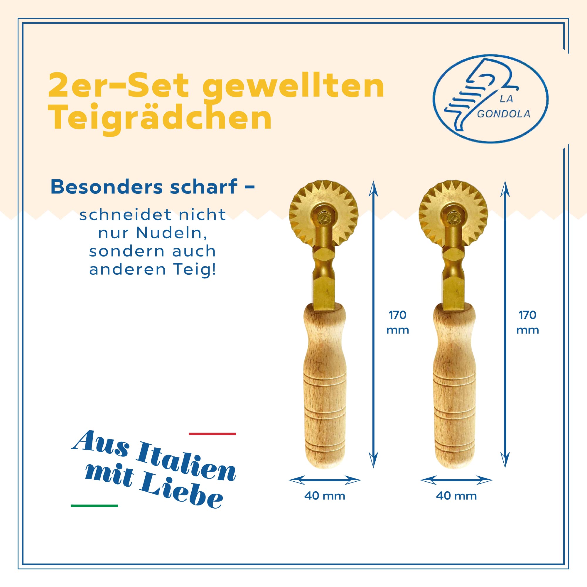 La Gondola Set mit 2 Teigrädchen - 2 Gewelltes Räder | Nudelwerkzeug | Messing & Naturholz | Sicheres & Einfach zu verwenden | Hausgemachten Ravioli Teigschneider Made in Italy