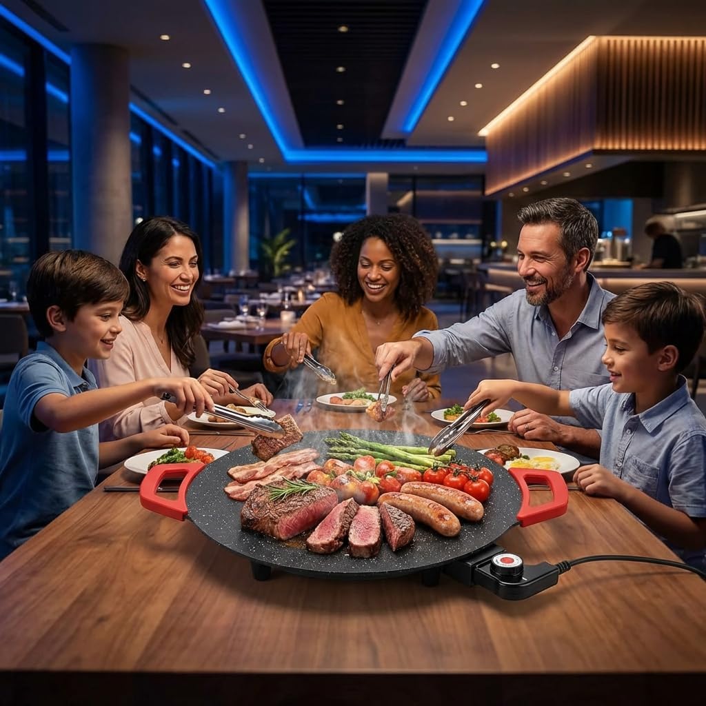 Indoor Smokeless Electric Griddle Nonstick Round Teppanyaki Grill Pan Portable Electric Griddle Indoor with Adjustable Temp for Korean BBQ, Breakfast, Camping, RV & Travel (40 cm)