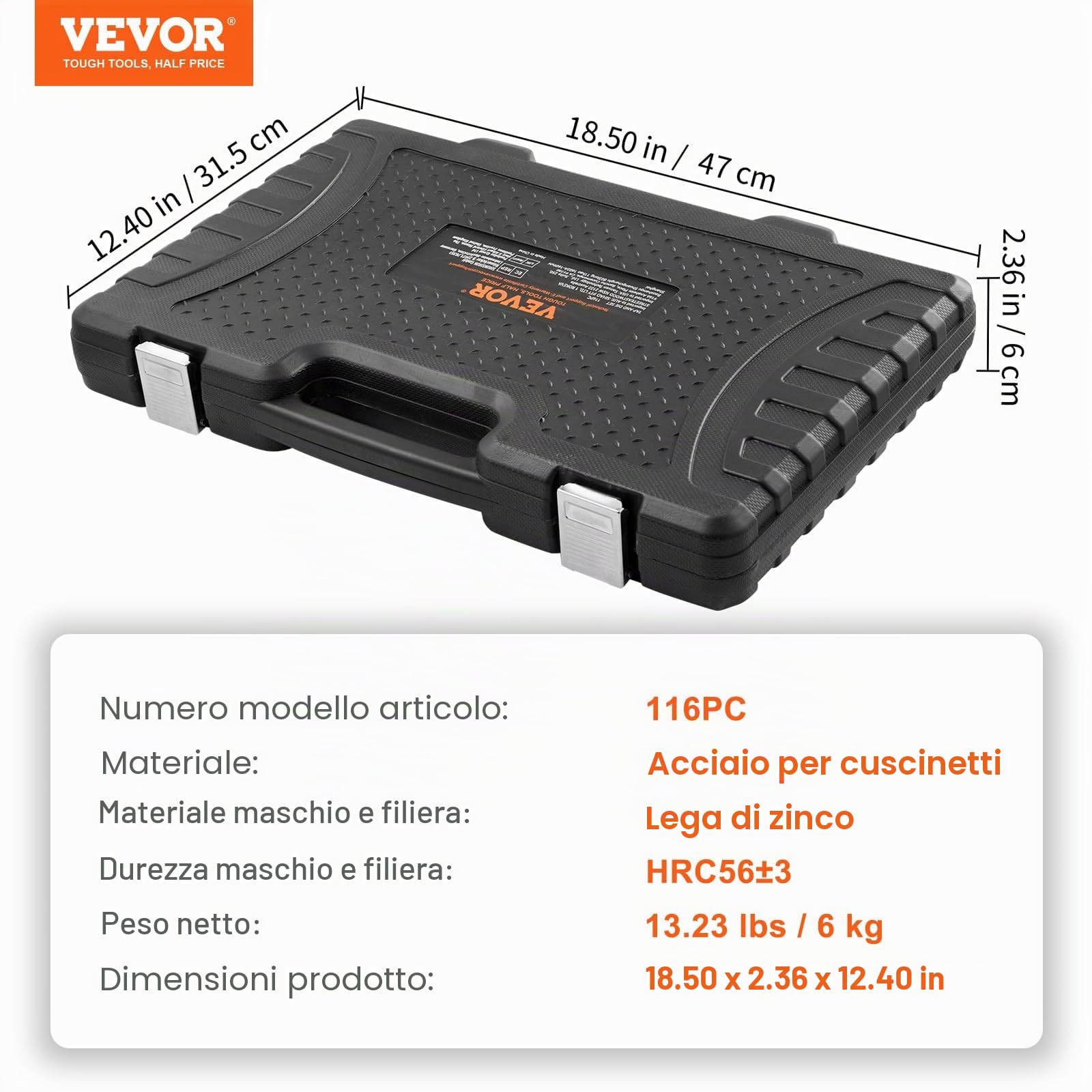 VEVOR Set di Filiere Maschi Utensili per Filettatura SAE 116 Pezzi in Totale, Set per Rubinetti Matrici in Lega di Zinco Utensili per Filettature in Valigetta Portatile, Set di Rubinetti Chiavi 116 Pz