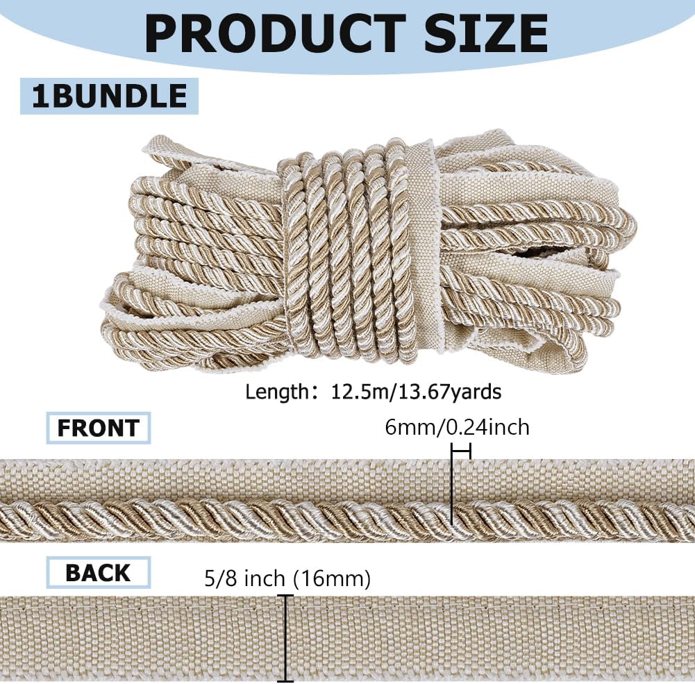 FINGERINSPIRE 13.7 Yards Twisted Lip Cord Trim, Twisted Cord Trim Ribbon 16mm, Polyester Twisted Trim Cord Rope Embellishment for Home Decor, Upholstery Curtain Tieback, Antique White