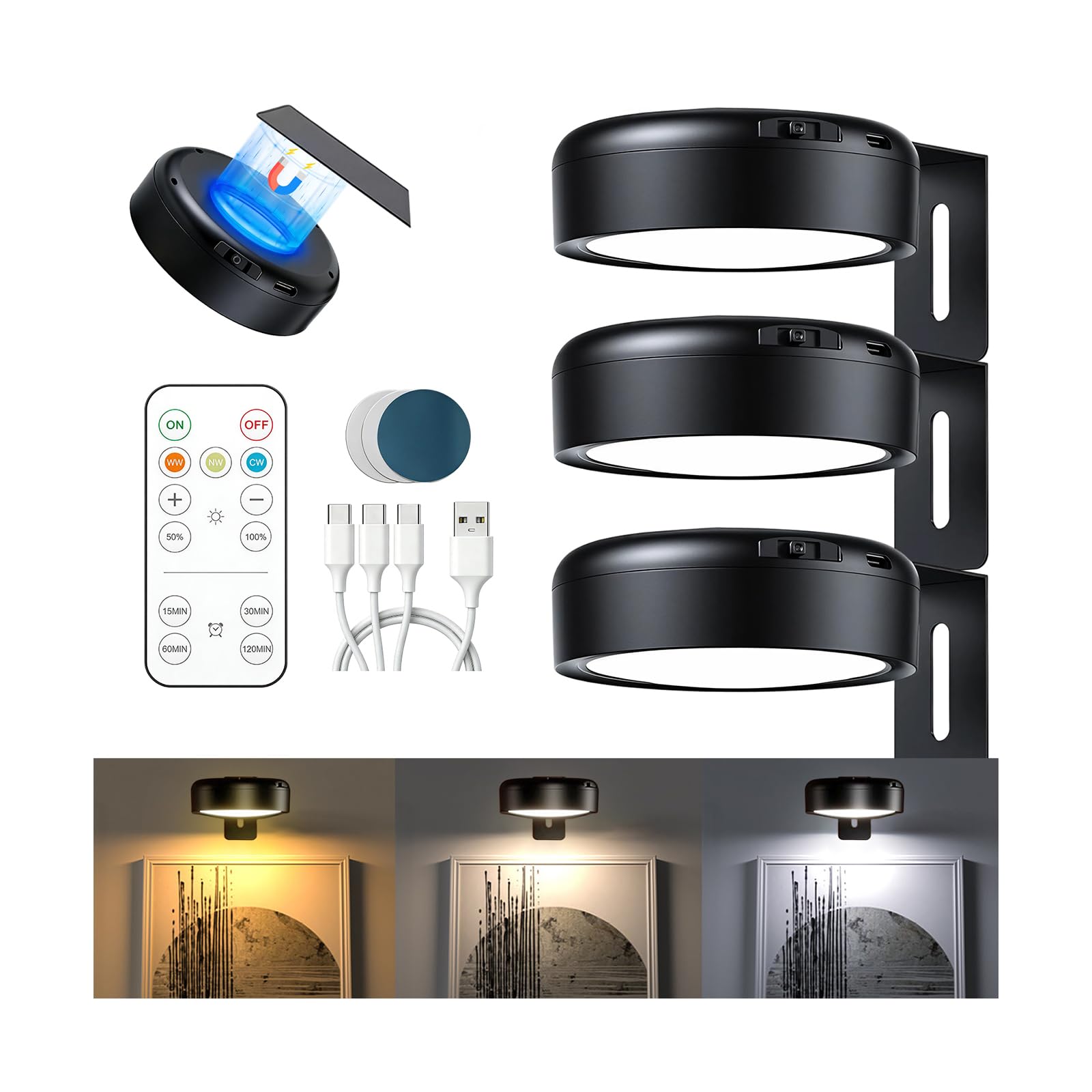 3 Piezas Luces Para Cuadros con Mando,Luces Inalámbricas para Cuadros Recargables, 3 Temperaturas de Color,Temporizador,Luz Pintura LED Magnético para Vitrina,Armario,Dormitorio (Negro)