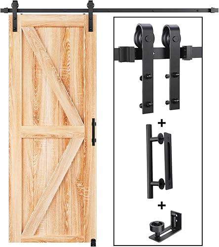 EaseLife Kit de herrajes para manija y riel de puerta corrediza de granero de 5.5 pies, polea en J básica, se desliza suavemente silenciosamente,