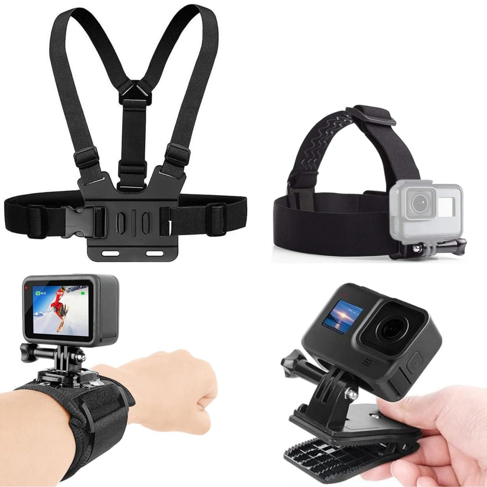 4 in 1 Universal Accessories Kit for Action Camera, Chest Strap Harness, Head Strap Mount, 360° Rotating Wrist Strap Mount and Backpack Clip Holder,