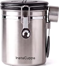 InstaCuppa Stainless Steel Coffee Canister, Airtight Container With Date Tracker Jar, CO2 Release Valve And Coffee Scoop, 500 Grams, Steel,Silver