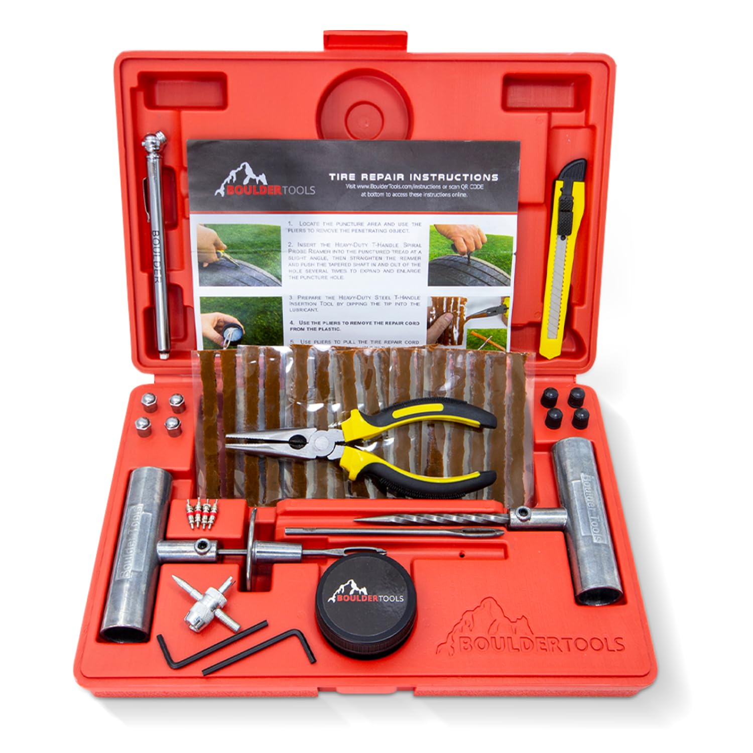 Boulder Tools - 56 Pc Heavy Duty Tire Repair Kit For Car, Truck, Jeep, ATV, Motorcycle, Tractor. Flat Tire Puncture Repair