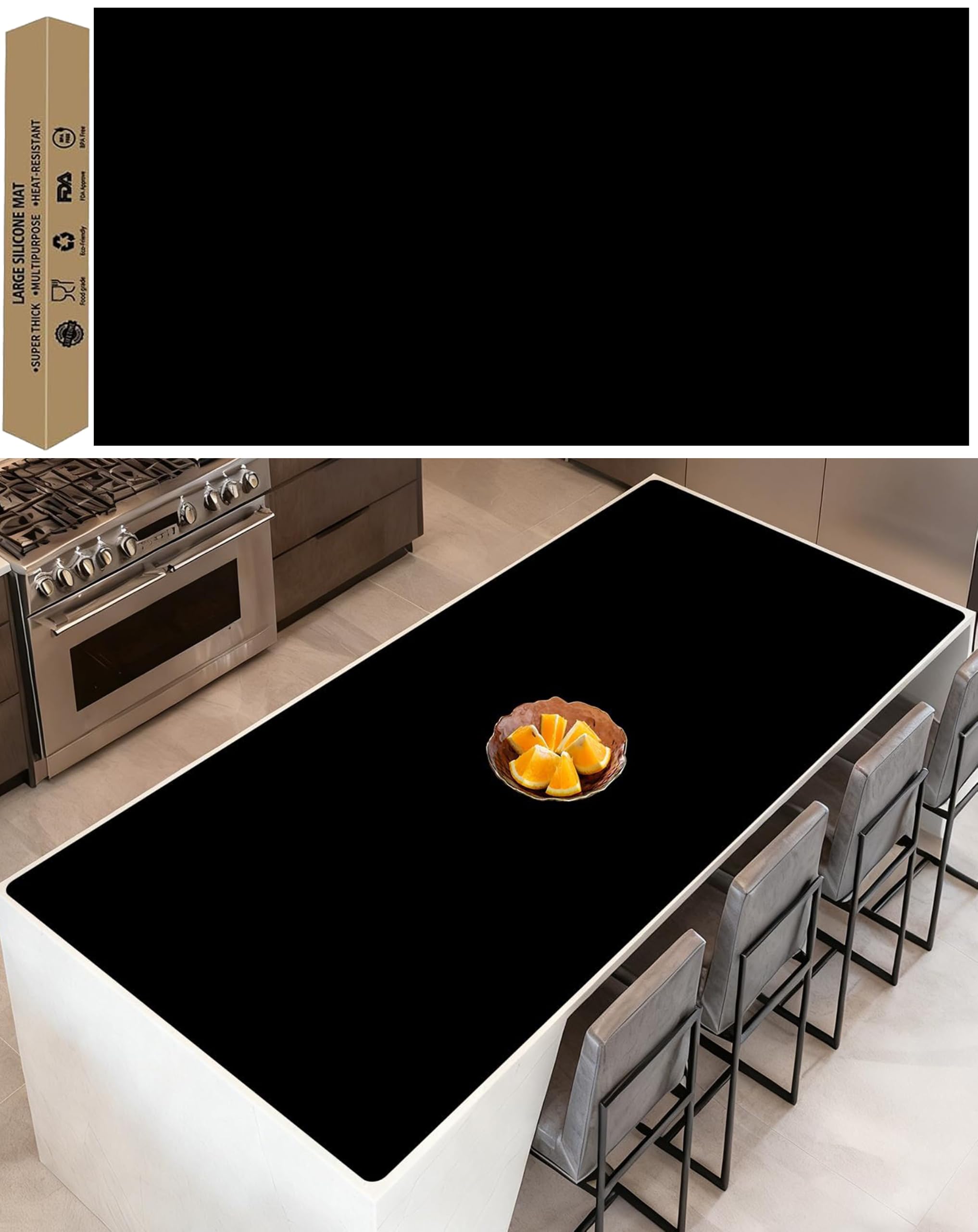 84''x24''(210cmx60cm) Extra Large Silicone Mat for Kitchen Counter, Heat Resistant Countertop Protector, Non-Slip Waterproof Kitchen Island Mat, Easy to Clean, Black